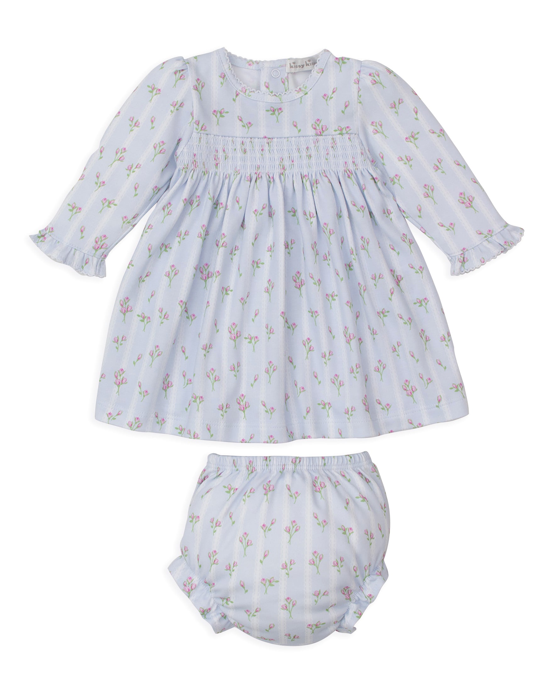 Ribbon Stripe Bouquets Blue Smocked Dress Set - Kissy Kissy