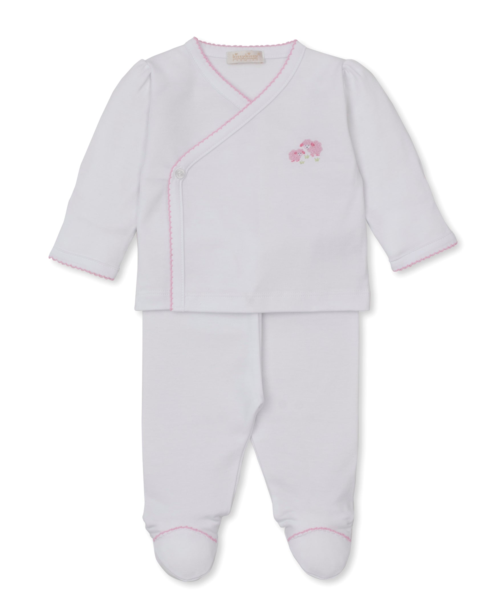Premier Sweet Sheep White/Pink Hand Emb Footed Pant Set - Kissy Kissy