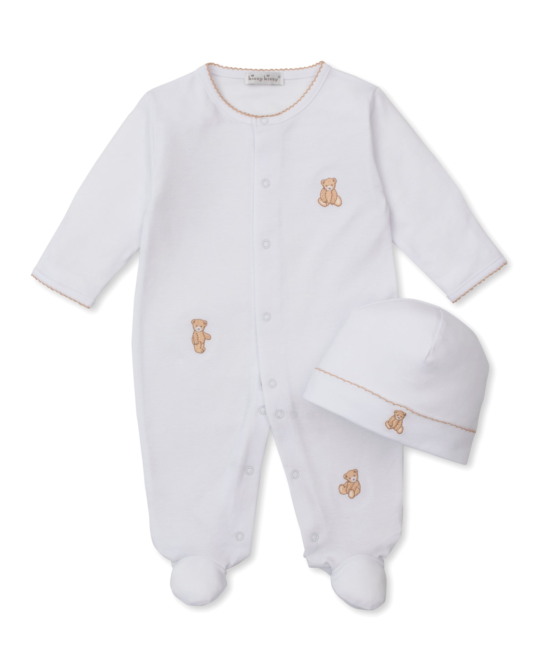 Teddy Bears White/Tan Footie & Hat Set - Kissy Kissy