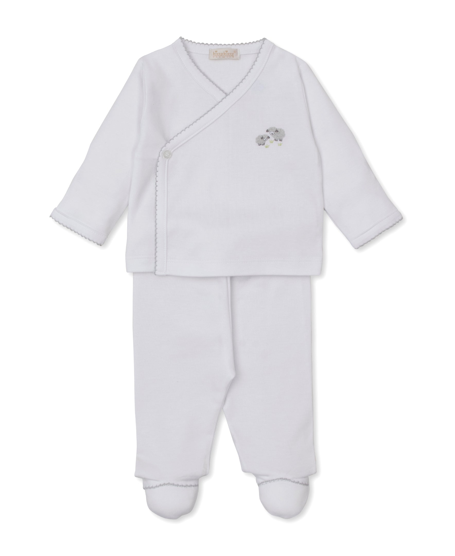 Premier Sweet Sheep White/Silver Hand Emb. Footed Pant Set - Kissy Kissy