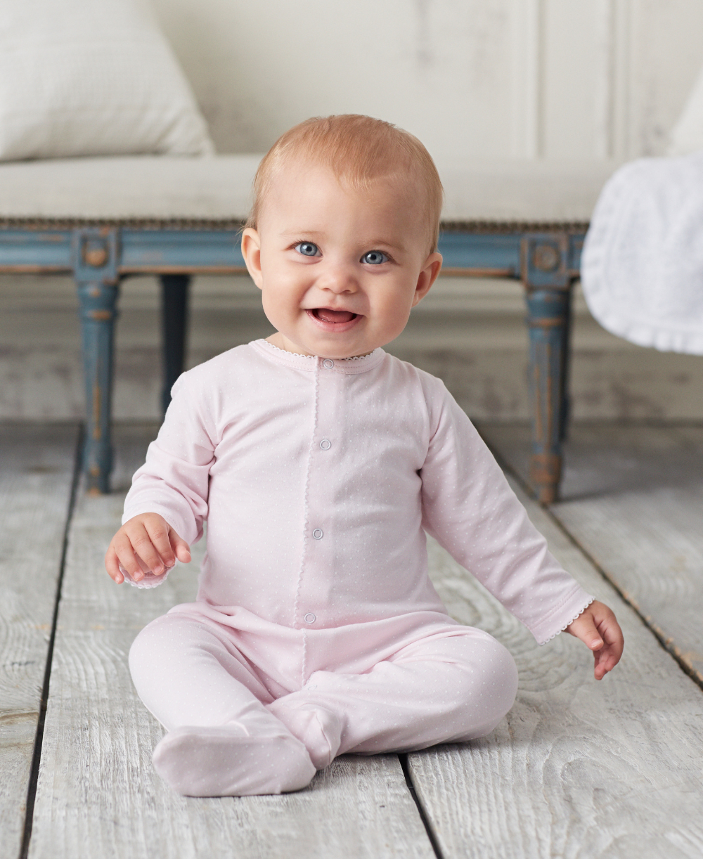 Kissy Kissy Footie with CLB Diamond Smocking, White with Pink