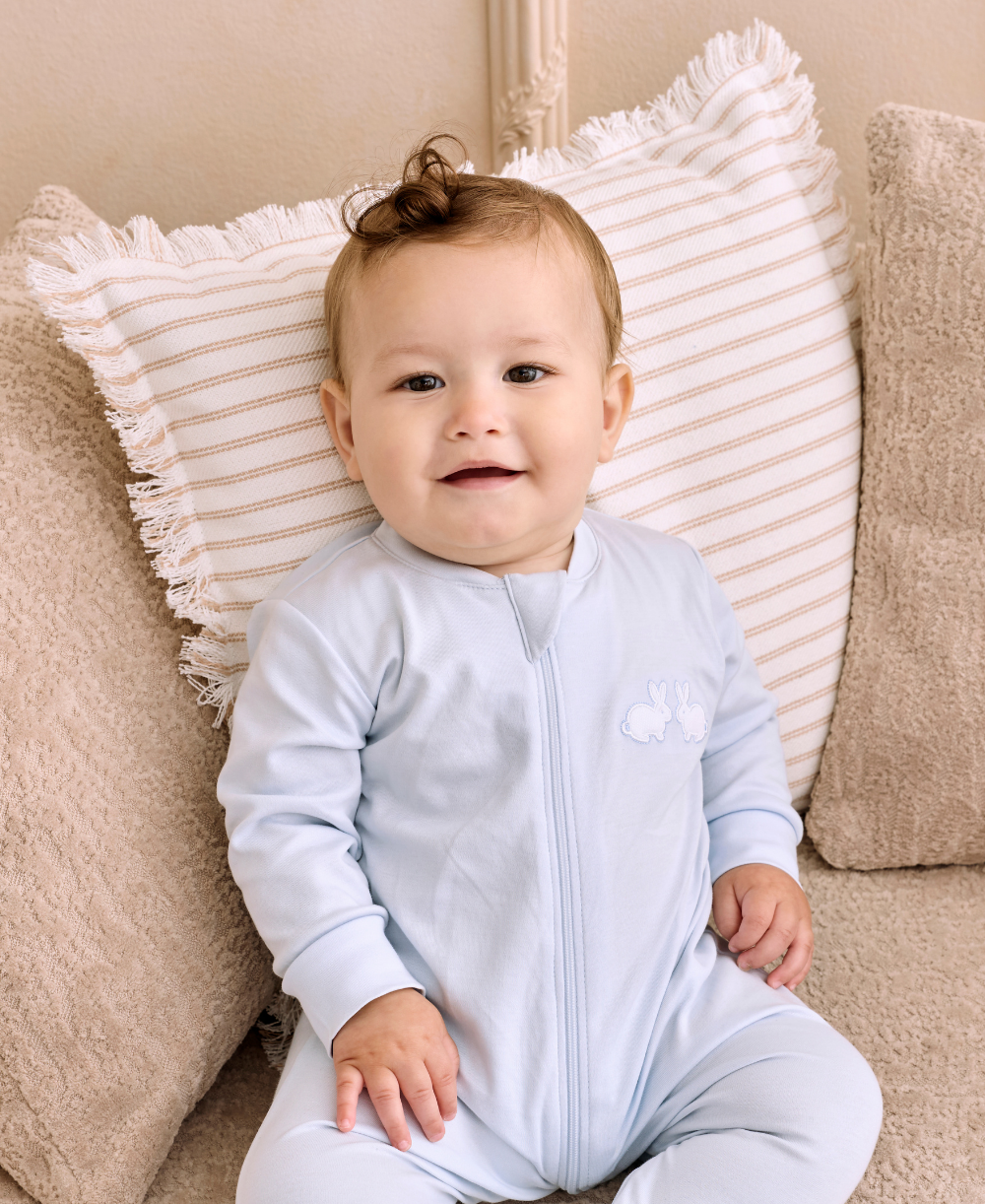 Pique Twin Bunnies Blue Zip Footie - Kissy Kissy