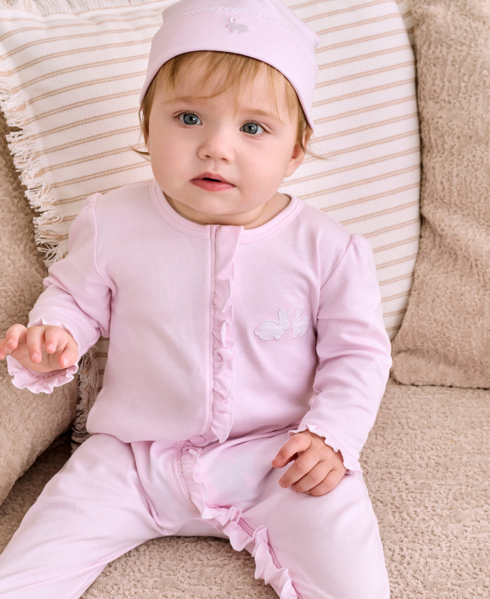 Pique Twin Bunnies Pink Zip Footie - Kissy Kissy