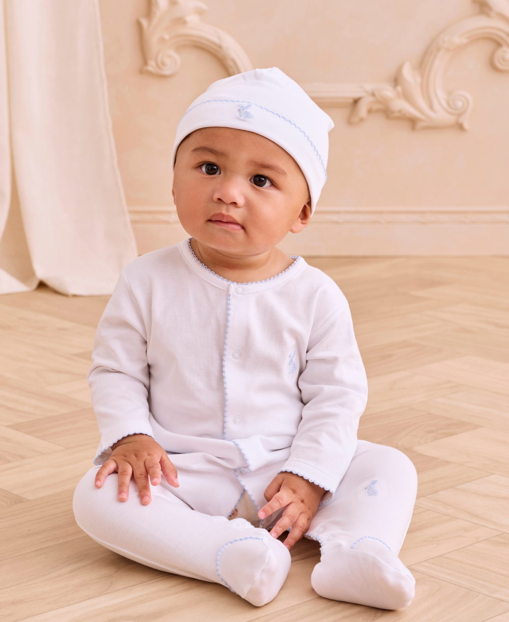 Premier Springtime Bunny Fun White/Blue Hand Emb. Footie - Kissy Kissy