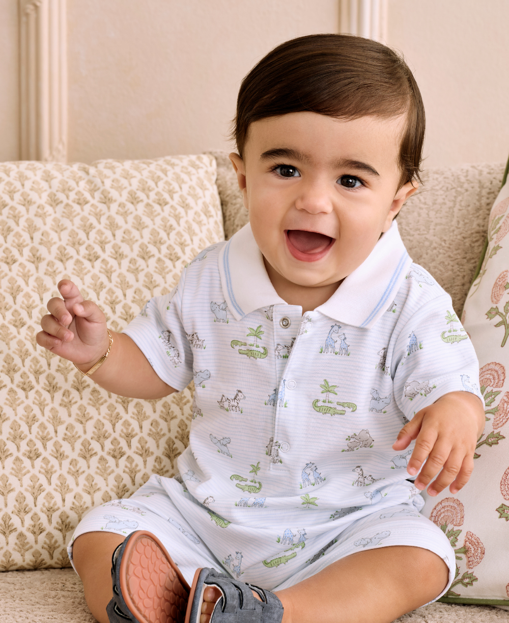 Safari Party Blue Short Playsuit w/ Collar - Kissy Kissy