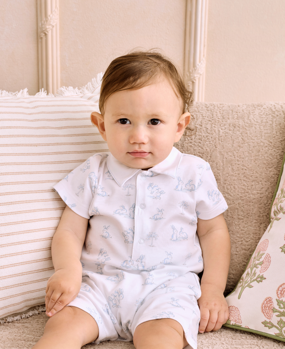 Springtime Bunny Fun Blue Short Playsuit w/ Collar - Kissy Kissy