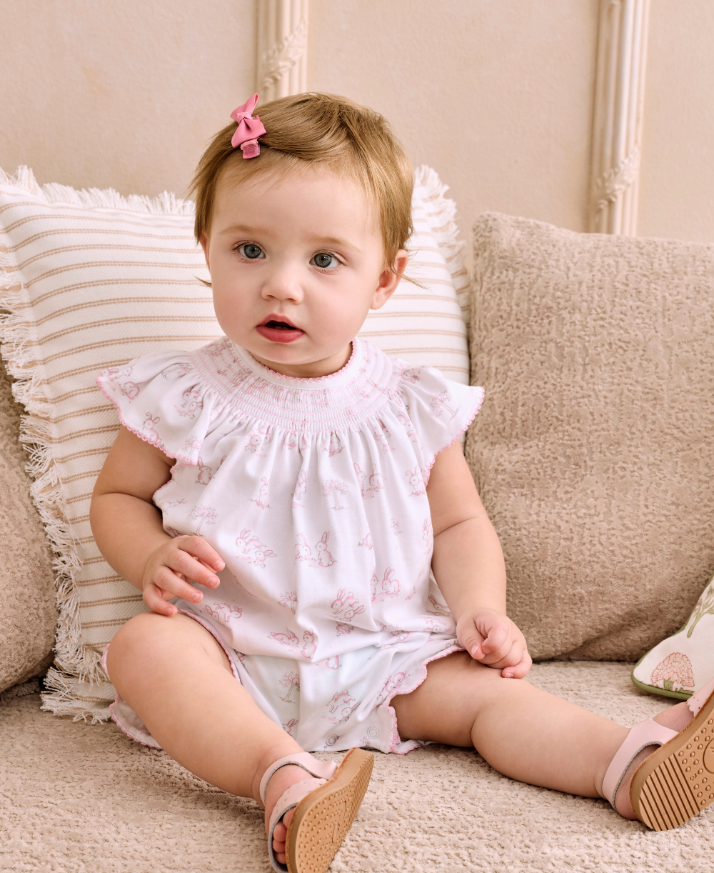 Springtime Bunny Fun Pink Short Smocked Playsuit - Kissy Kissy