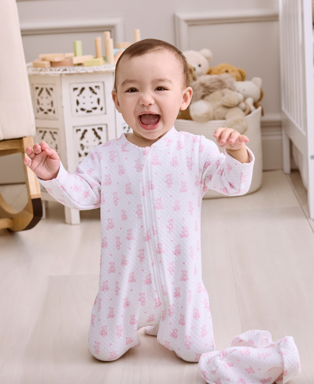 Teddy Bear Time Pink Jacquard Zip Footie - Kissy Kissy