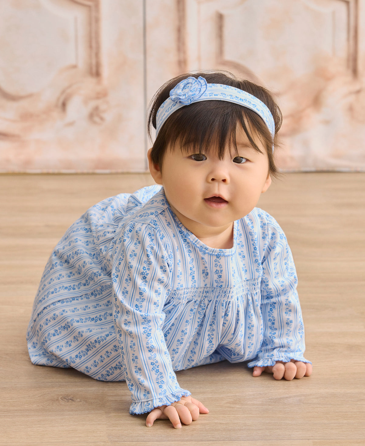 Watercolor Floral Stripes Blue Smocked Dress Set - Kissy Kissy