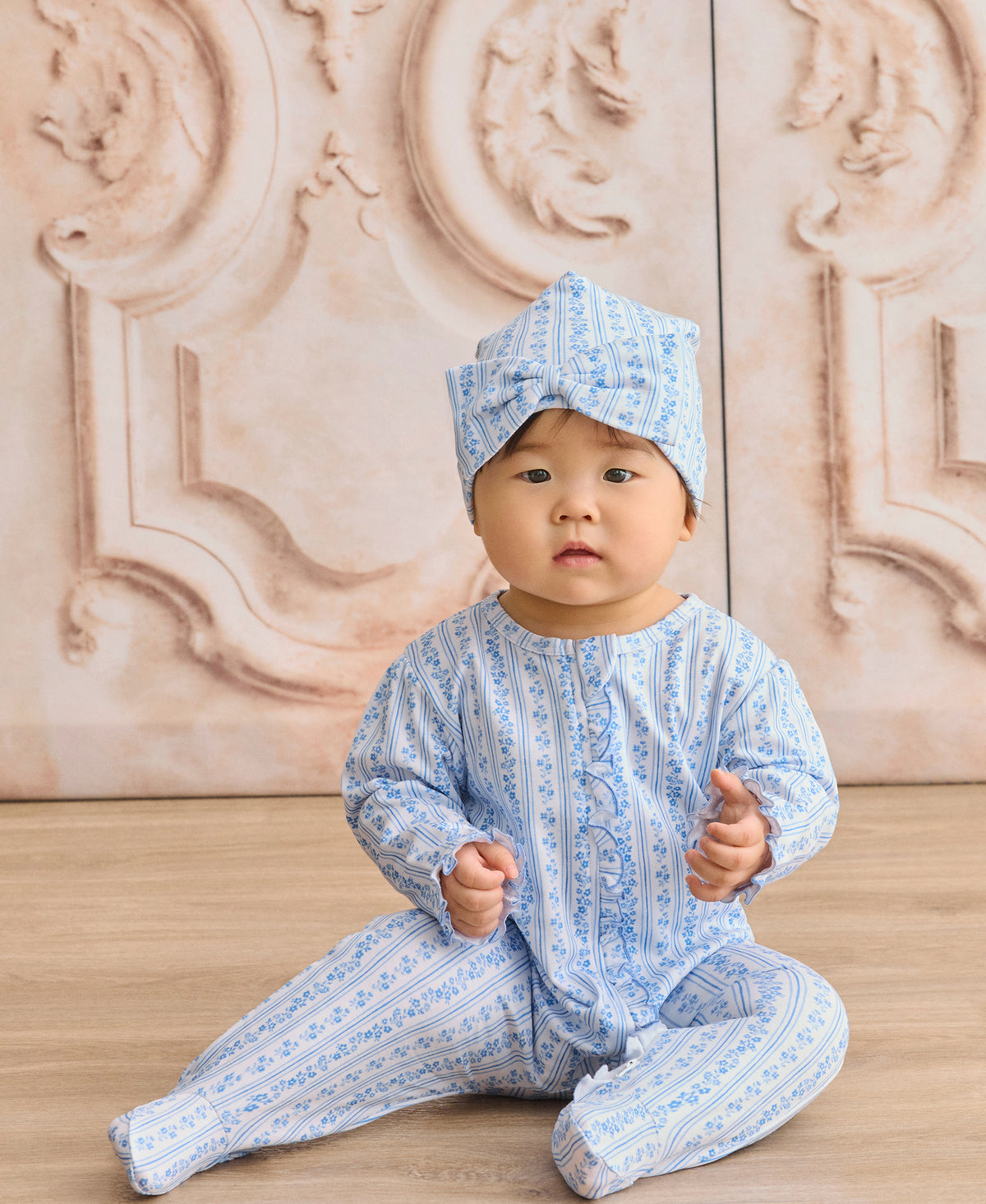 Watercolor Floral Stripes Blue Zip Footie - Kissy Kissy