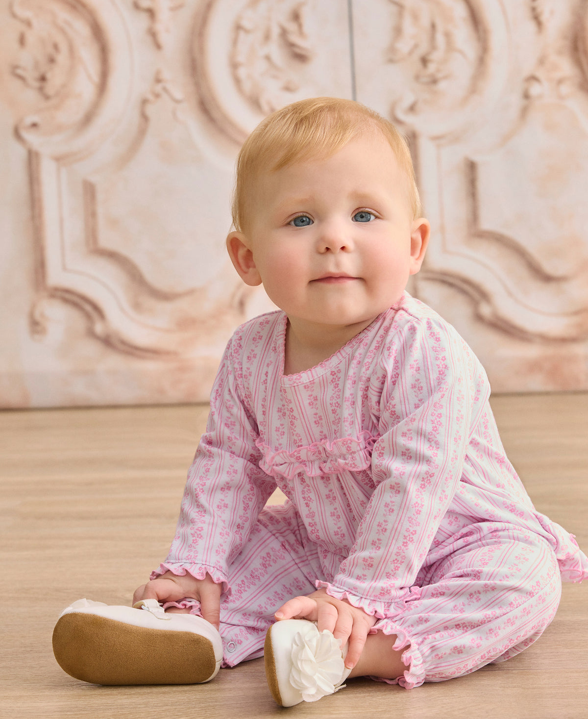 Watercolor Floral Stripes Pink Ruffle Playsuit - Kissy Kissy