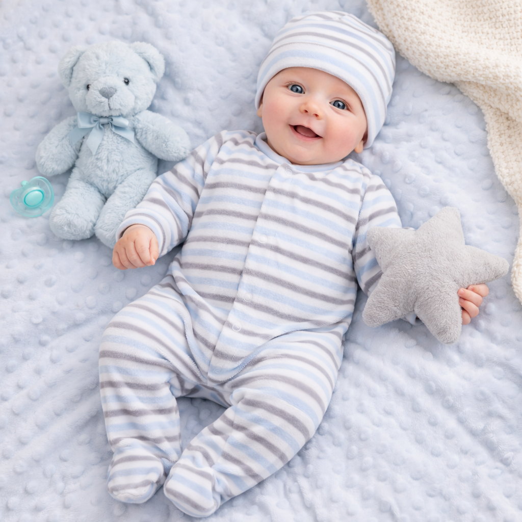 Blue Stripe Velour Footie & Hat Set - Kissy Kissy