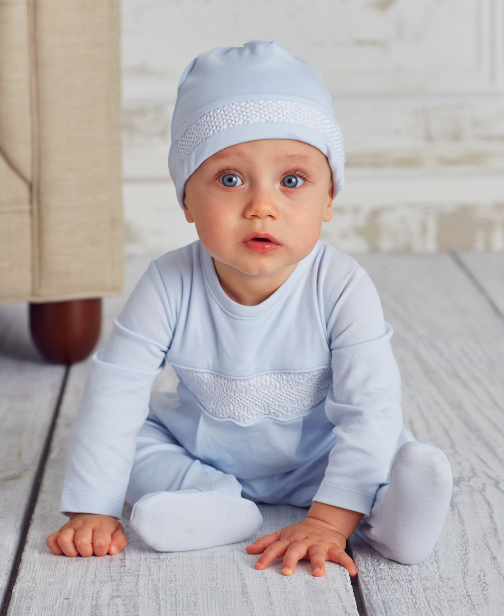 Hand Smocked CLB Charmed Blue Footie - Kissy Kissy