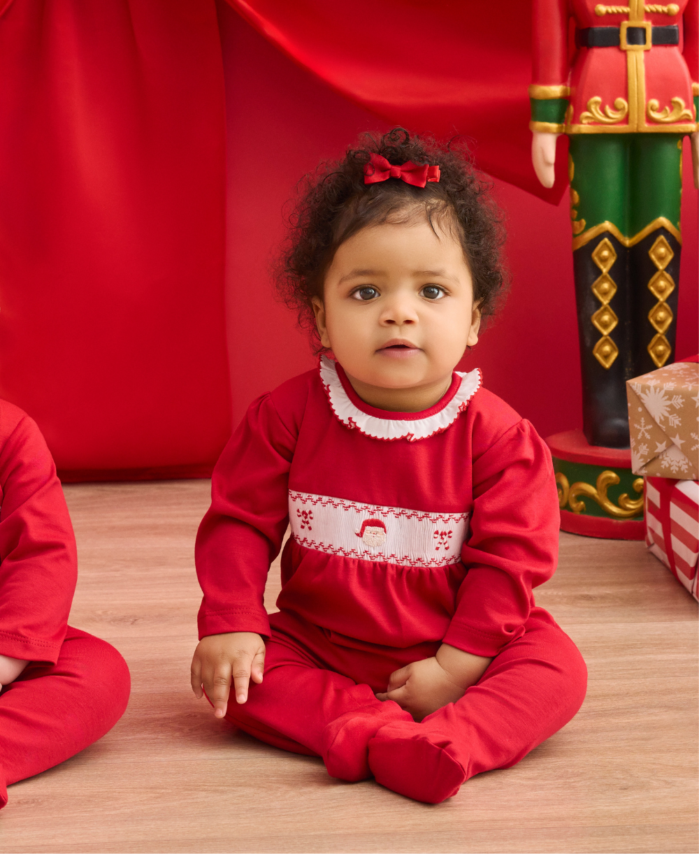 CLB Holiday Medley 26 Hand Smocked Santa Ruffle Footie - Kissy Kissy