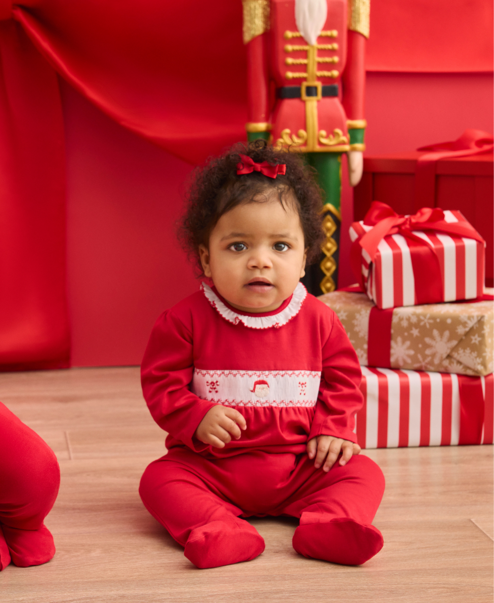 CLB Holiday Medley 26 Hand Smocked Santa Ruffle Footie