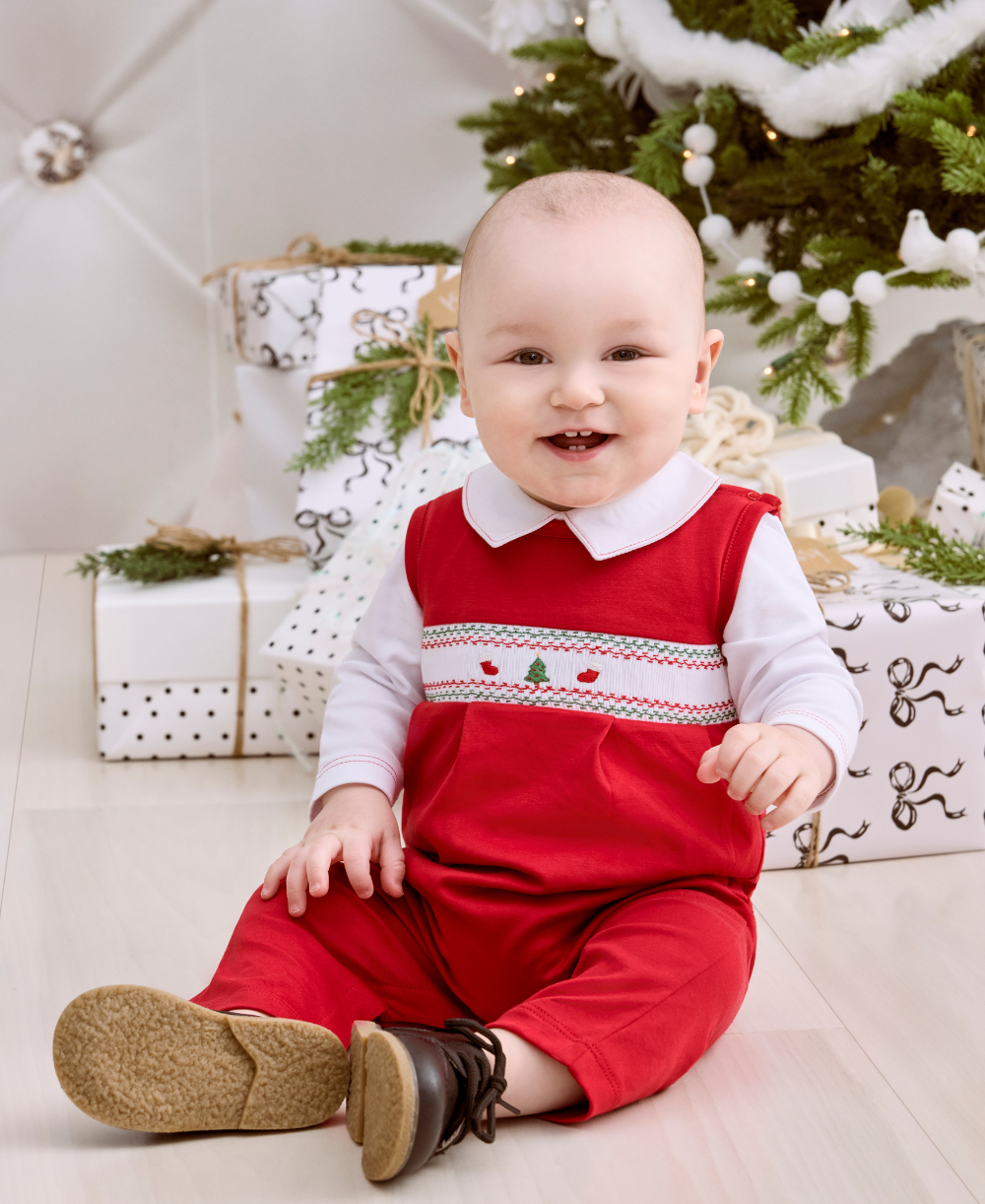 CLB Holiday Medley 25 Christmas Tree Hand Smocked Overall Set - Kissy Kissy