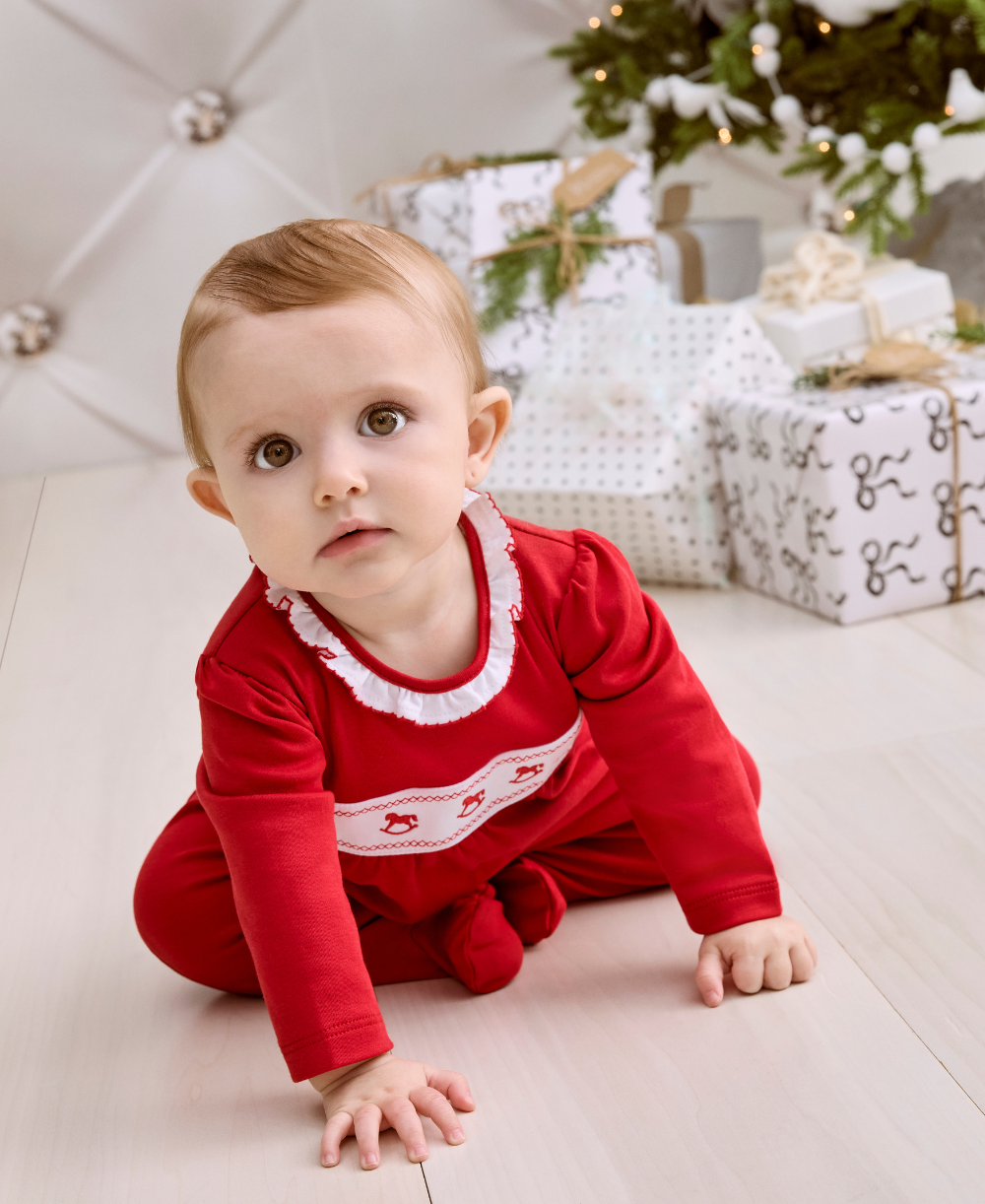 Classic Treasures Holiday 25 Rocking Horse Ruffle Footie - Kissy Kissy