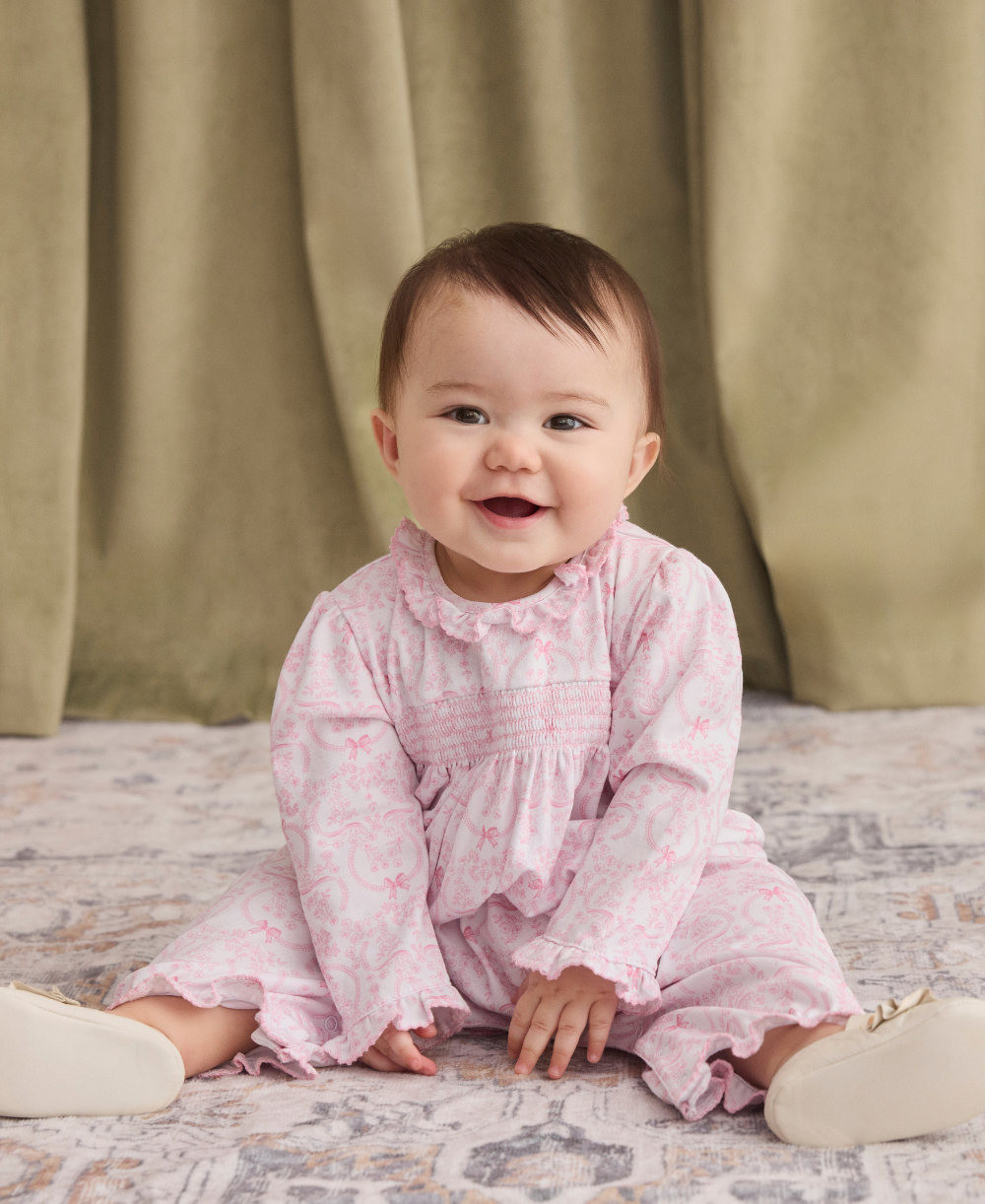Delicate Blooming Bows Pink Smocked Playsuit