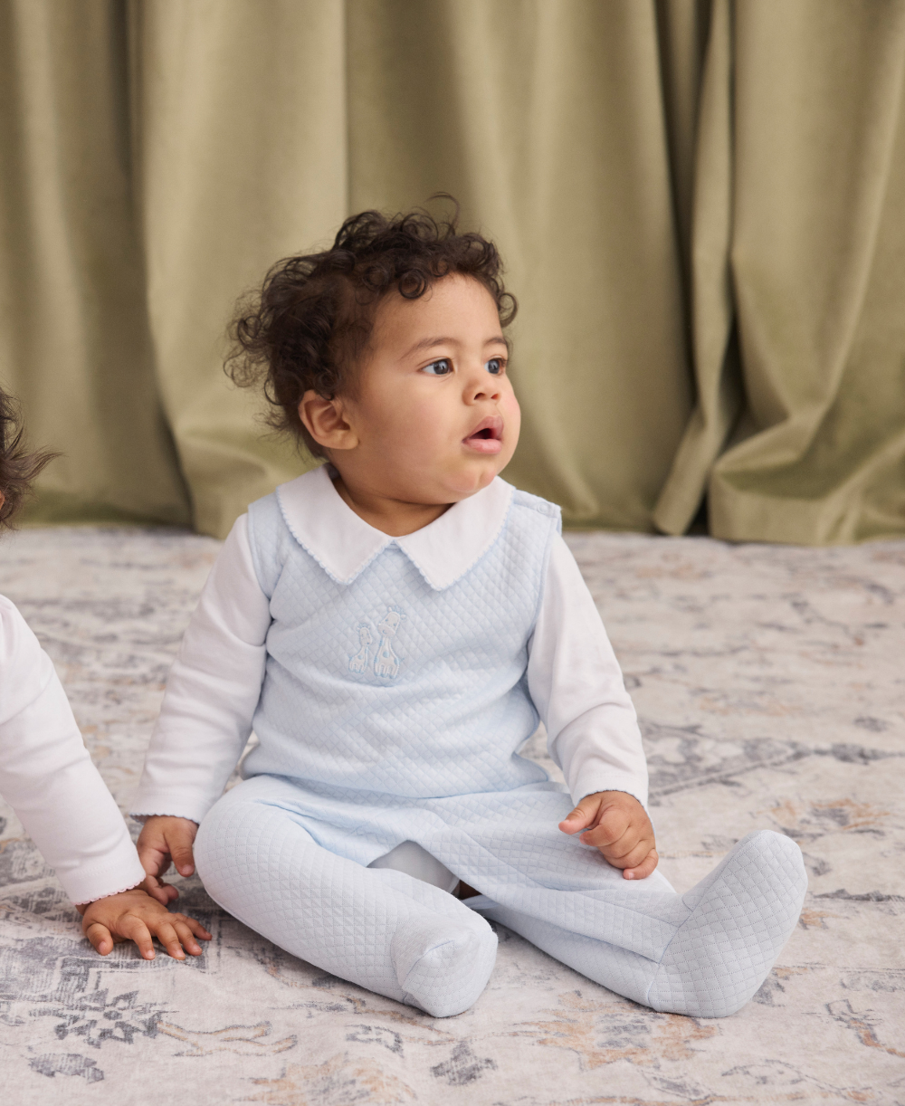 Giraffe Laughs Blue Jacquard Overall Set