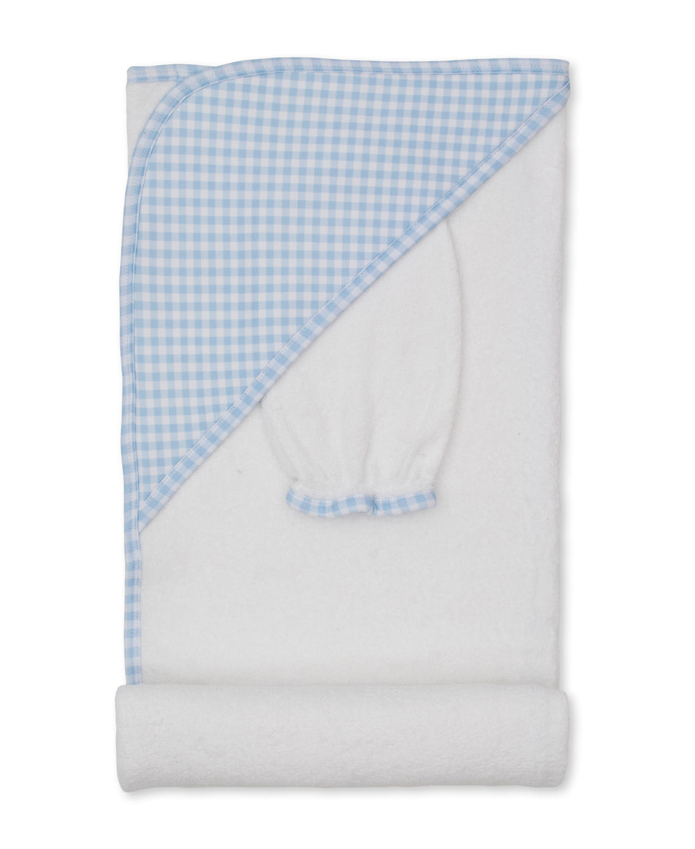 Gingham Traditions Blue Hooded Towel & Mitt Set