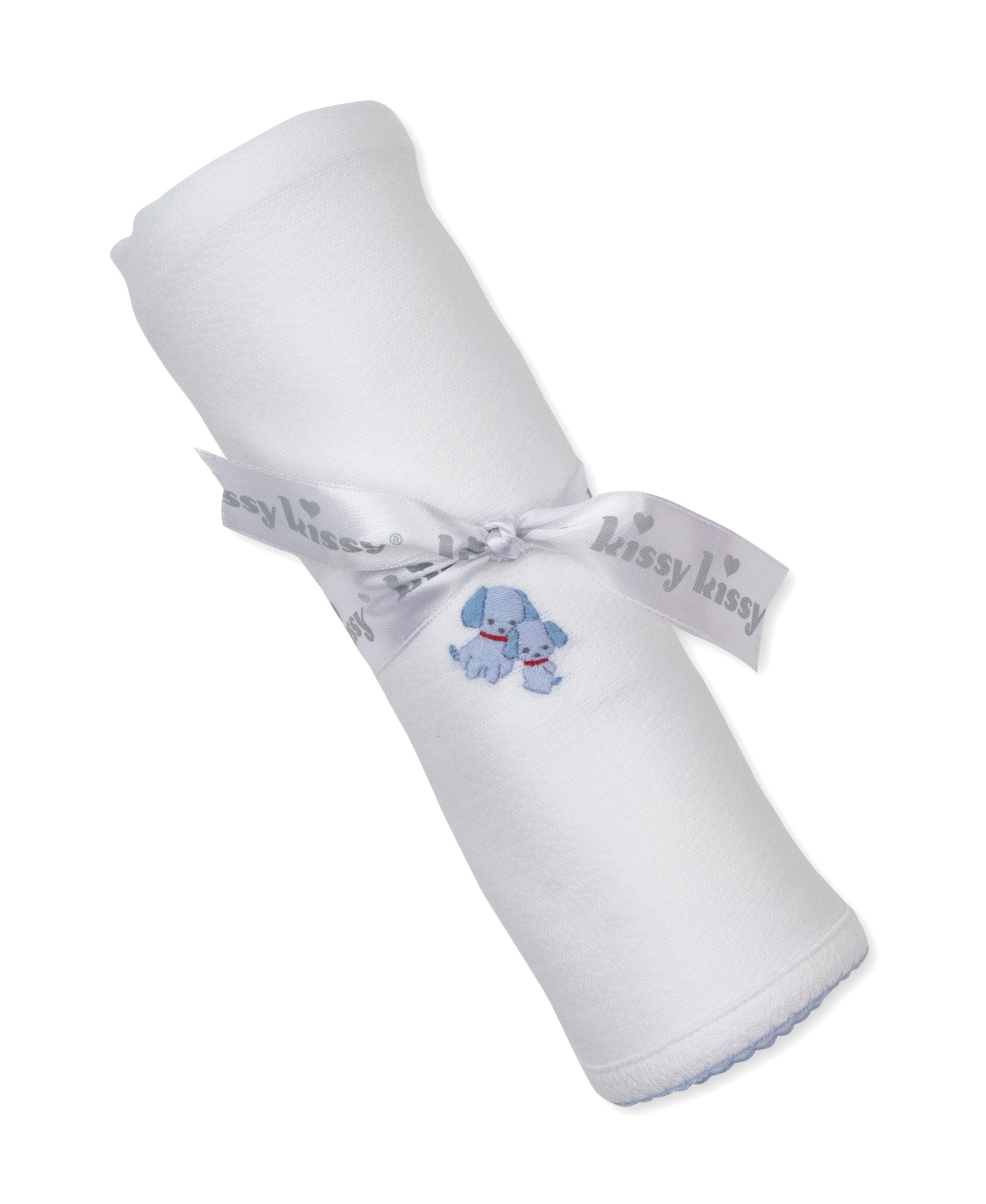 Premier Puppy Family White/Blue Hand Emb. Pointelle Blanket