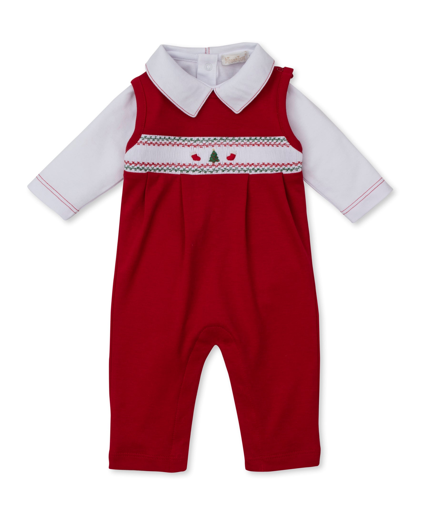 CLB Holiday Medley 25 Christmas Tree Hand Smocked Overall Set - Kissy Kissy