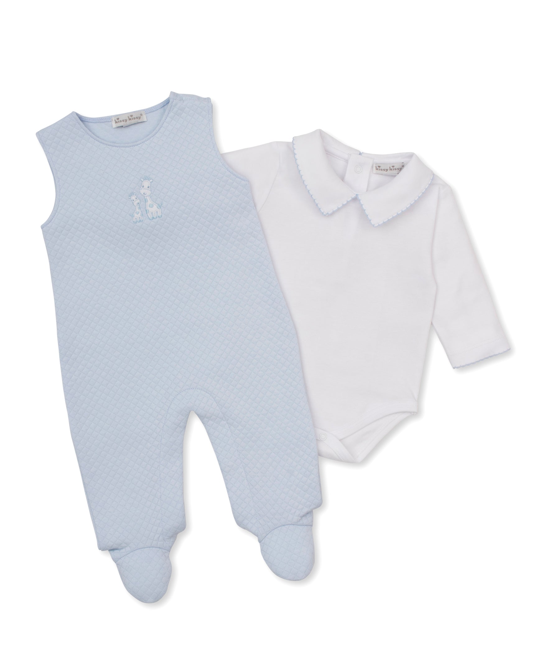 Giraffe Laughs Blue Jacquard Overall Set - Kissy Kissy