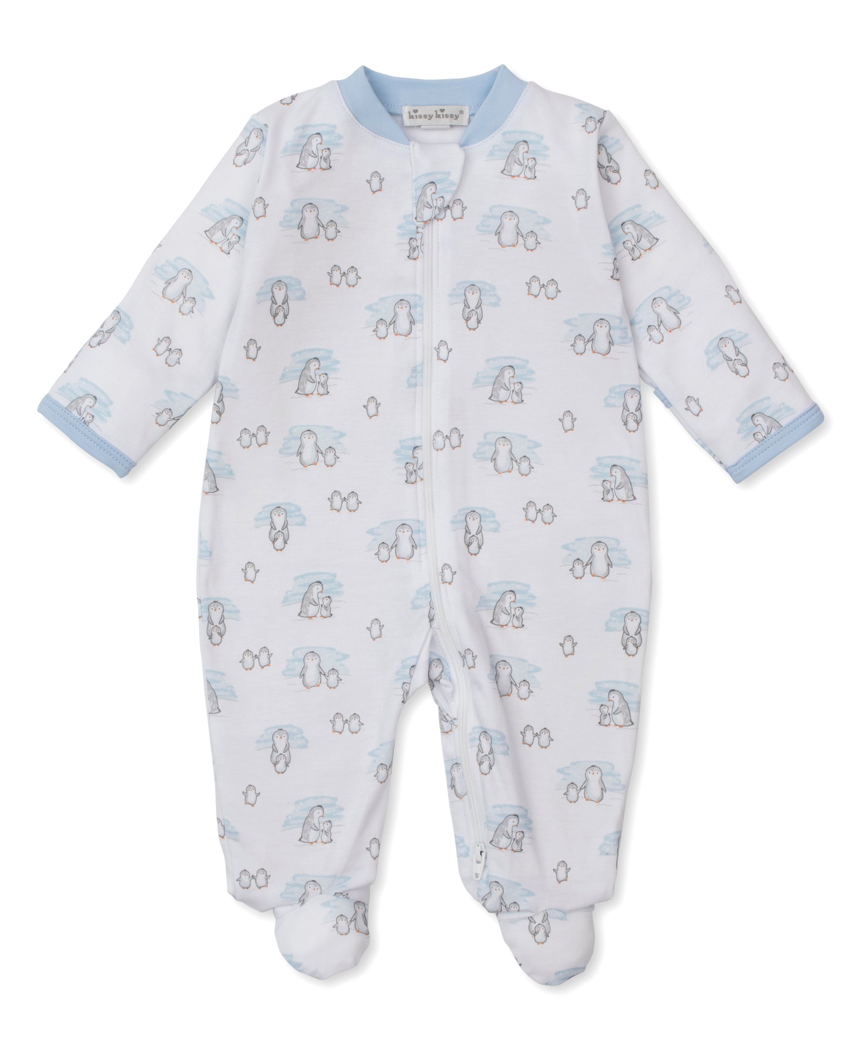 Snow Happy Penguins Blue Zip Footie - Kissy Kissy