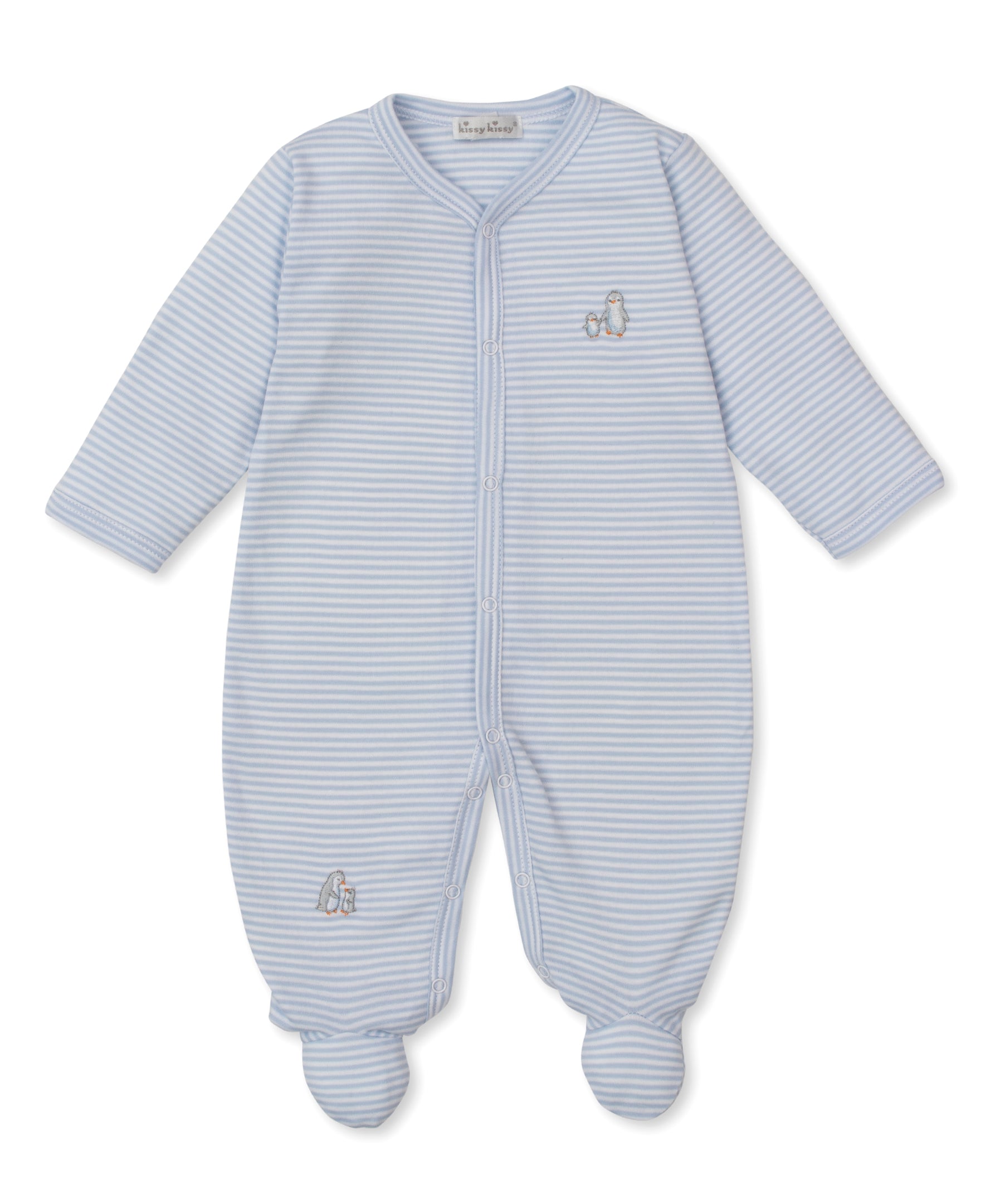 Snow Happy Penguins Blue Stripe Footie - Kissy Kissy