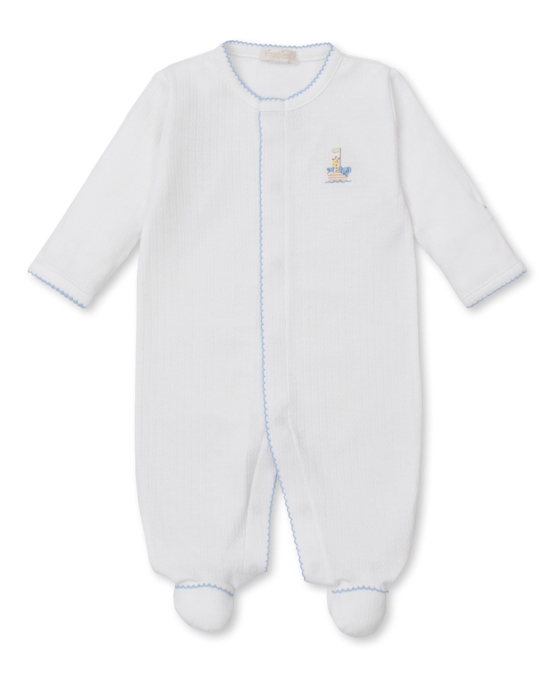 Premier Noah's Ark White/Blue Hand Emb. Footie - Kissy Kissy