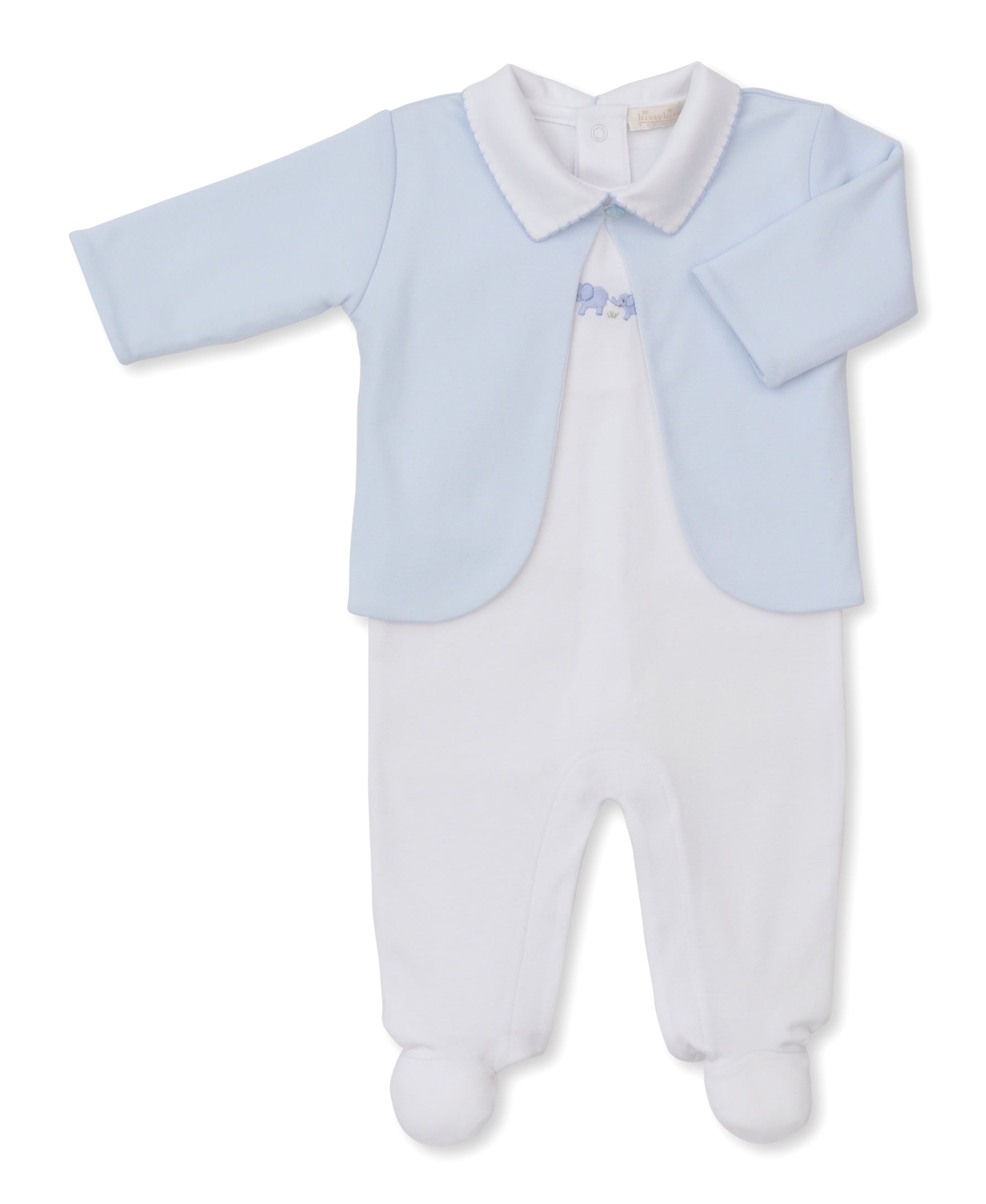 Premier Elephant Esprit White/Blue Hand Emb. Footie & Jacket Set - Kissy Kissy