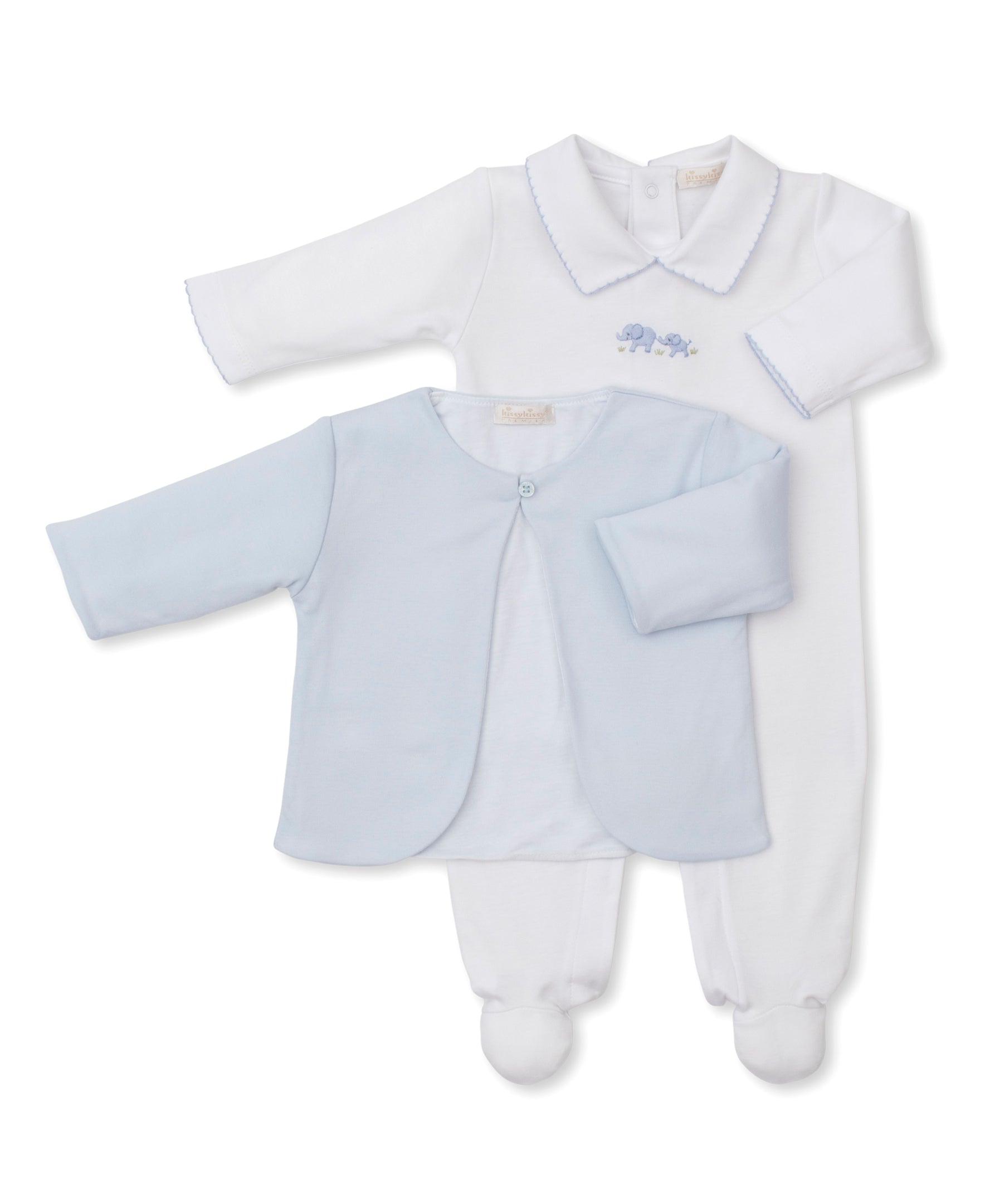 Premier Elephant Esprit White/Blue Hand Emb. Footie & Jacket Set - Kissy Kissy