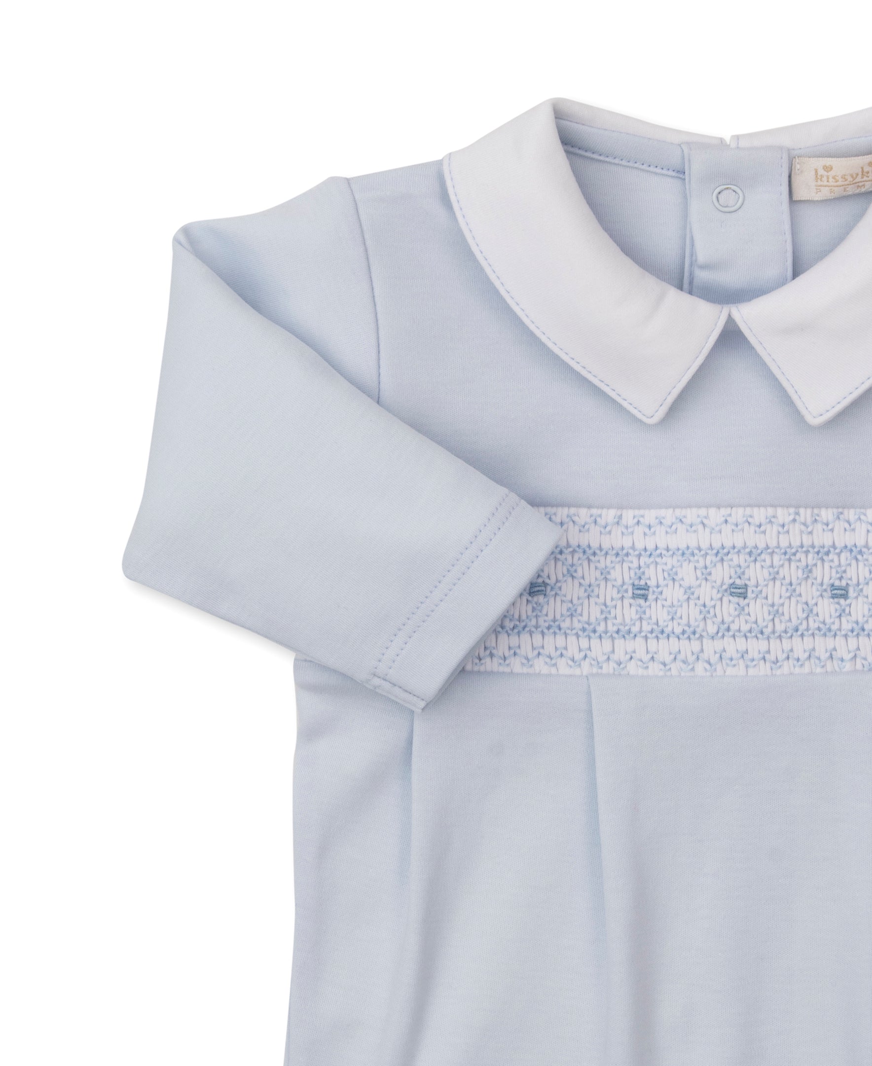 CLB Fall 25 Blue Hand Smocked Footie w/ Collar - Kissy Kissy