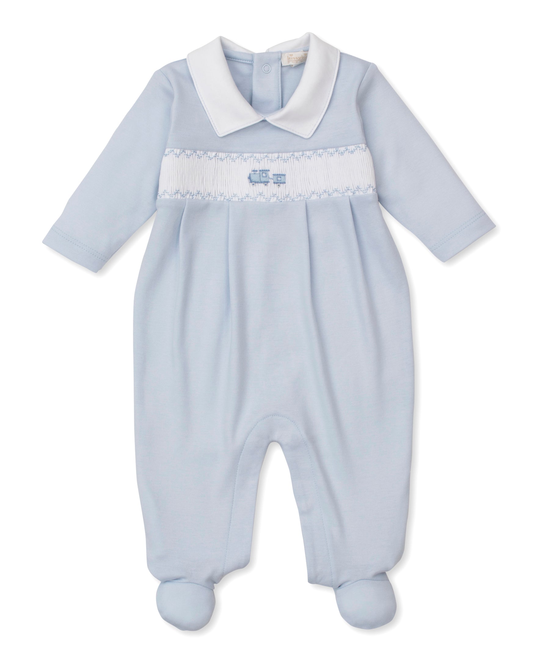 CLB Fall Medley 25 Blue Hand Smocked Footie Collar - Kissy Kissy