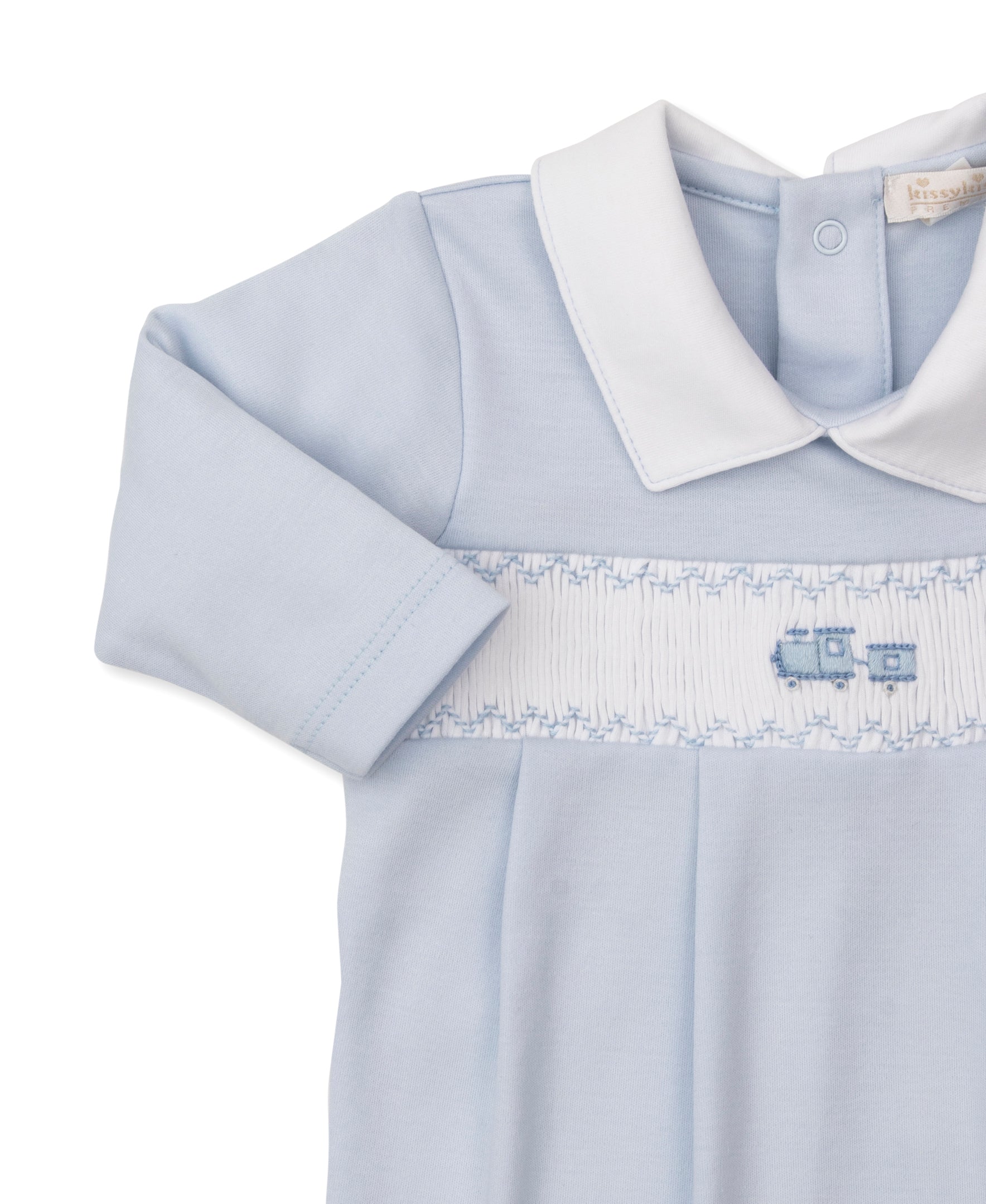 CLB Fall Medley 25 Blue Hand Smocked Footie Collar - Kissy Kissy