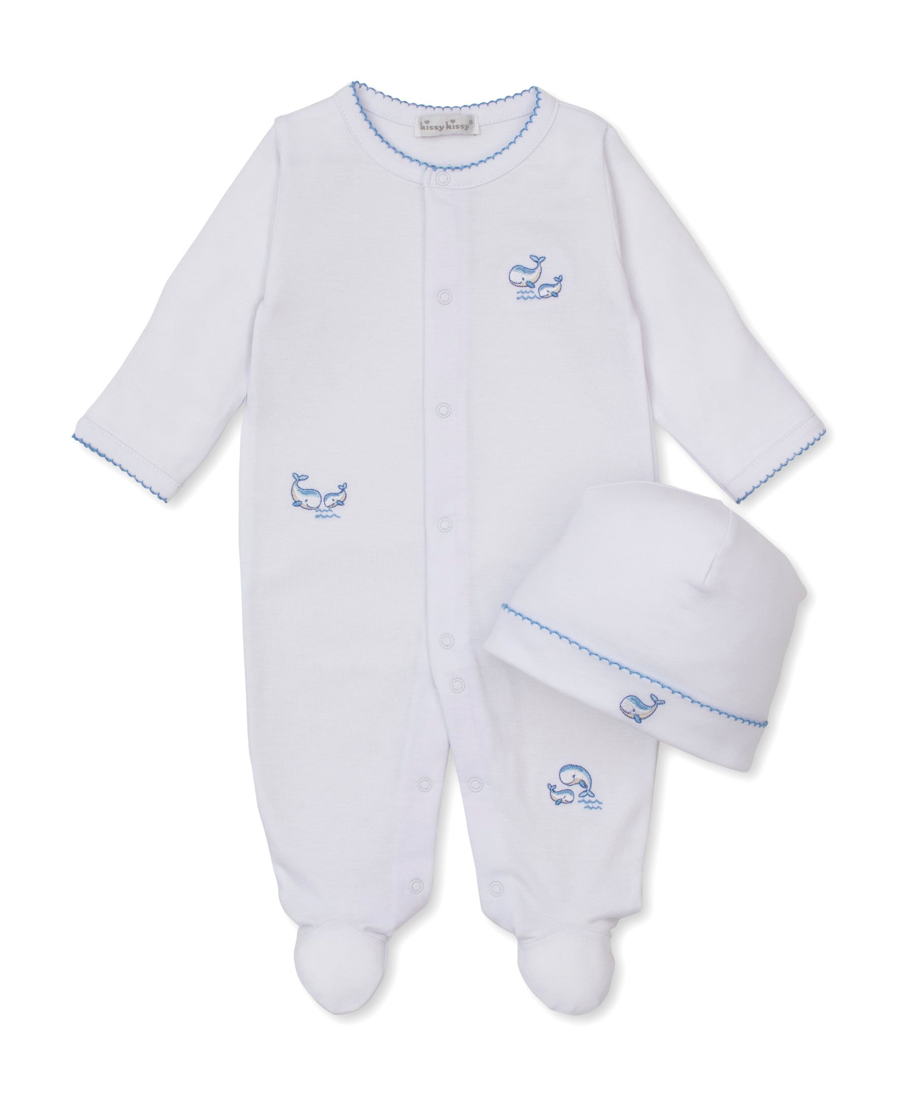 Whale Pods White/Blue Footie & Hat Set - Kissy Kissy