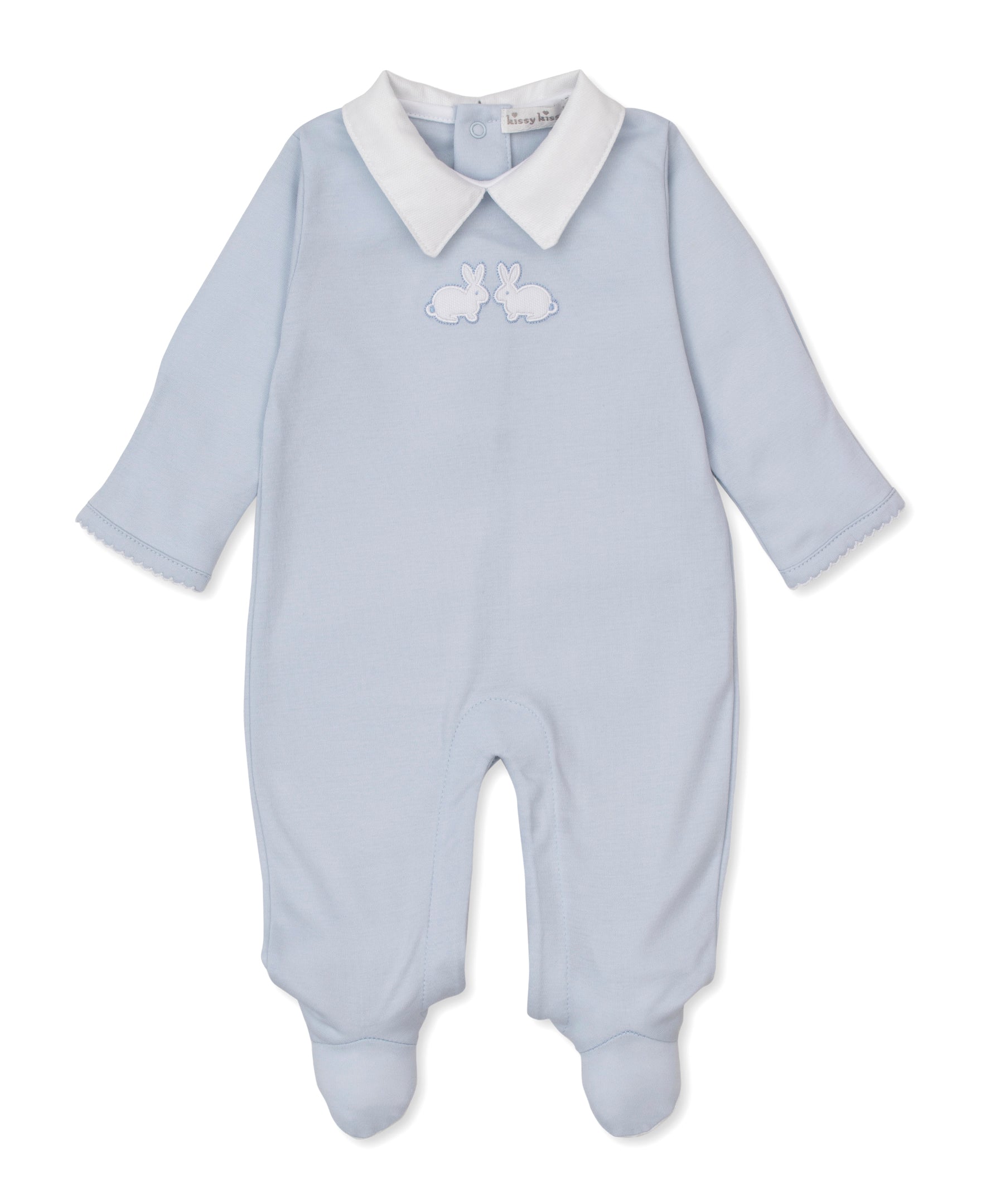 Pique Twin Bunnies Blue Footie w/ Collar - Kissy Kissy