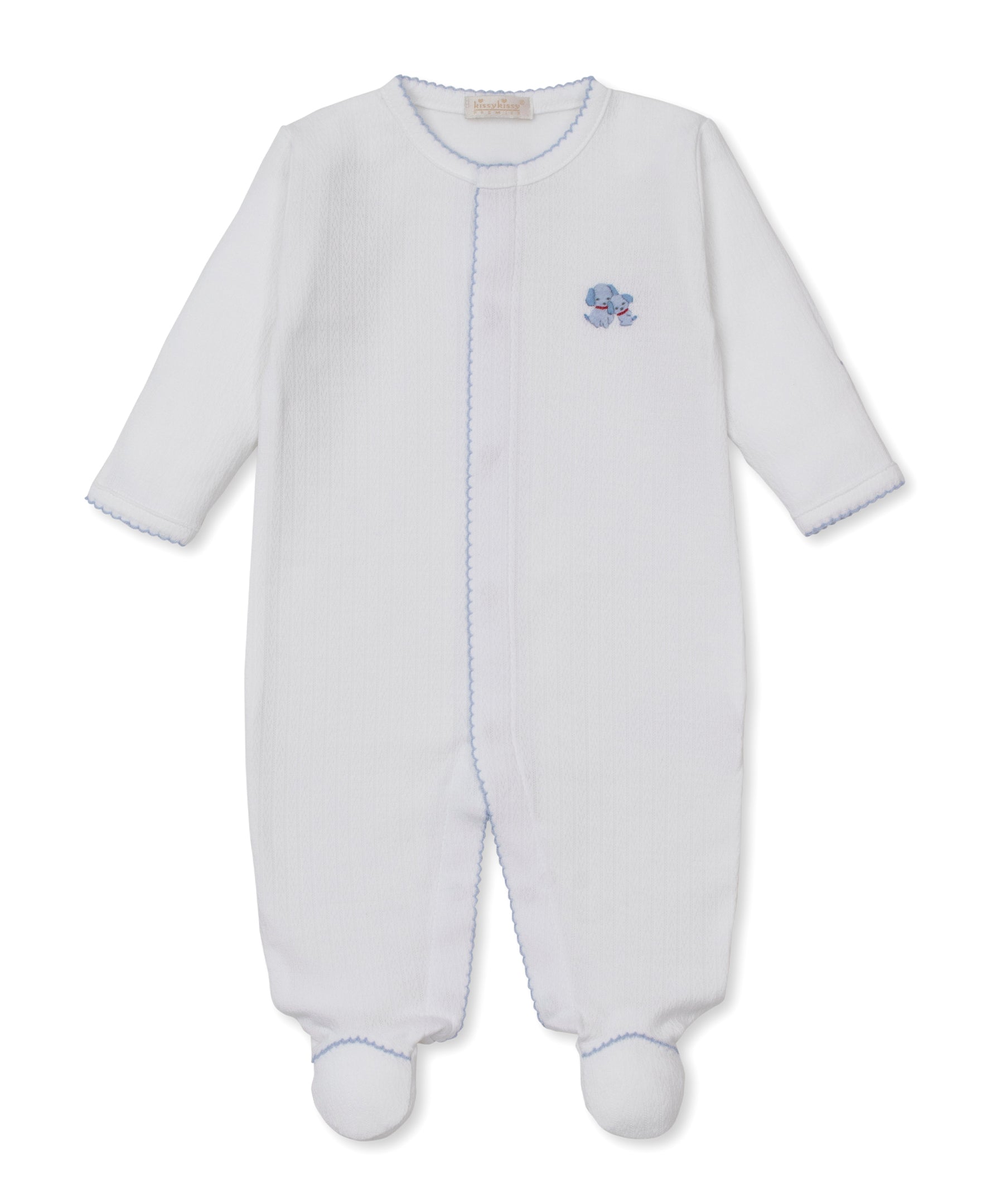 Premier Puppy Family White/Blue Hand Emb. Pointelle Footie