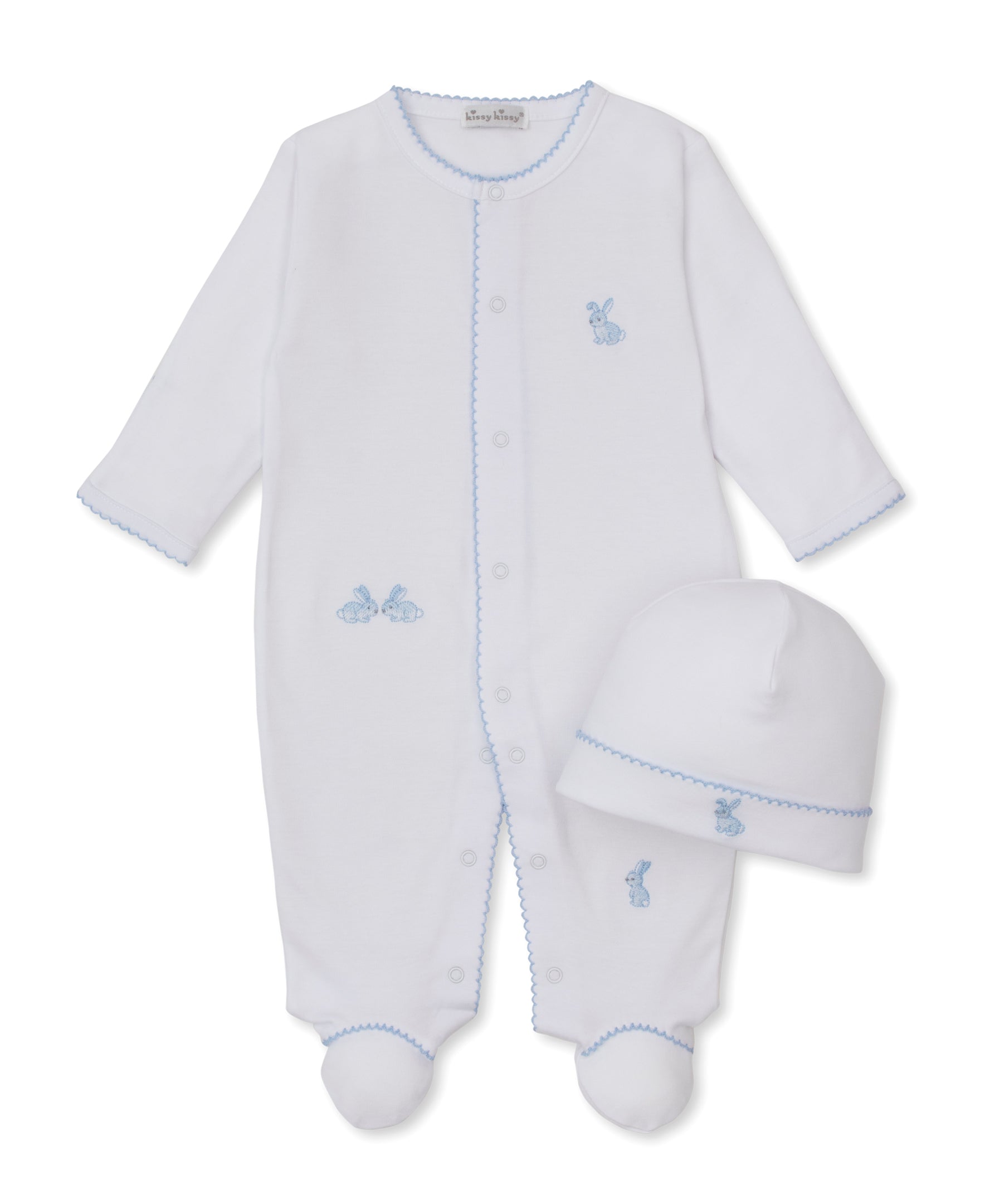 Springtime Bunny Fun White/Blue Footie & Hat Set - Kissy Kissy