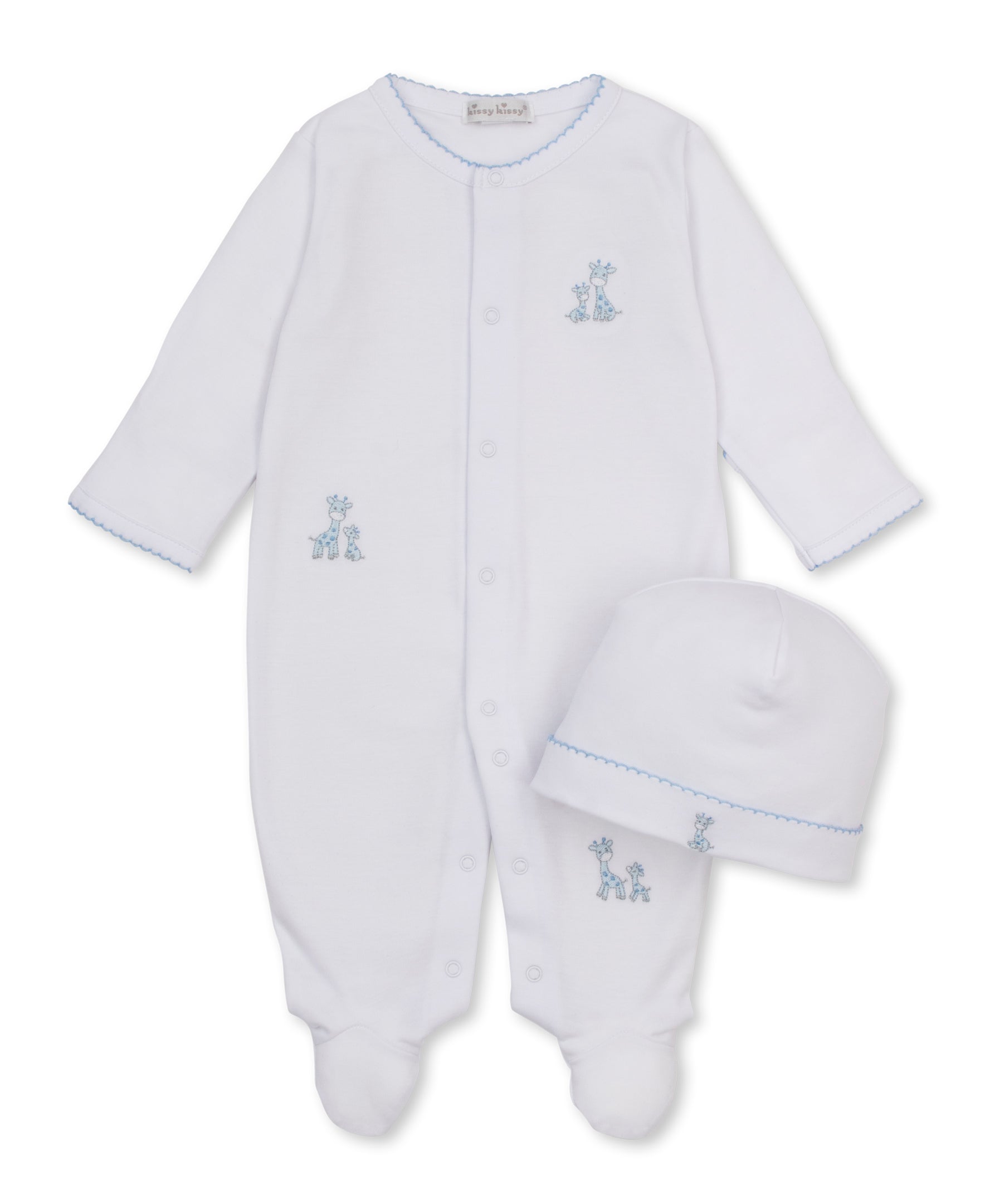Just Giraffes White/Blue Footie & Hat Set - Kissy Kissy
