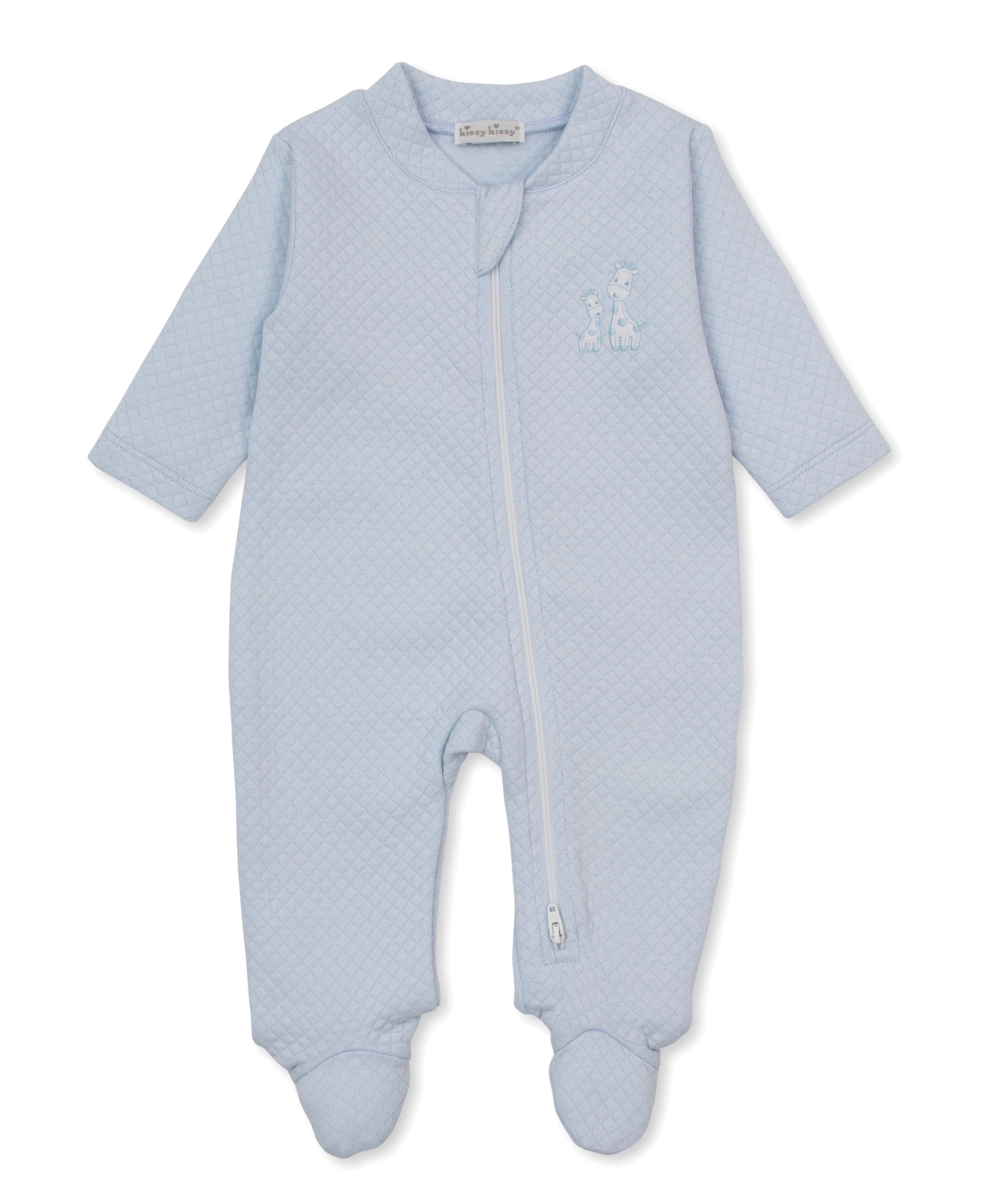 Giraffe Laughs Blue Jacquard Zip Footie - Kissy Kissy