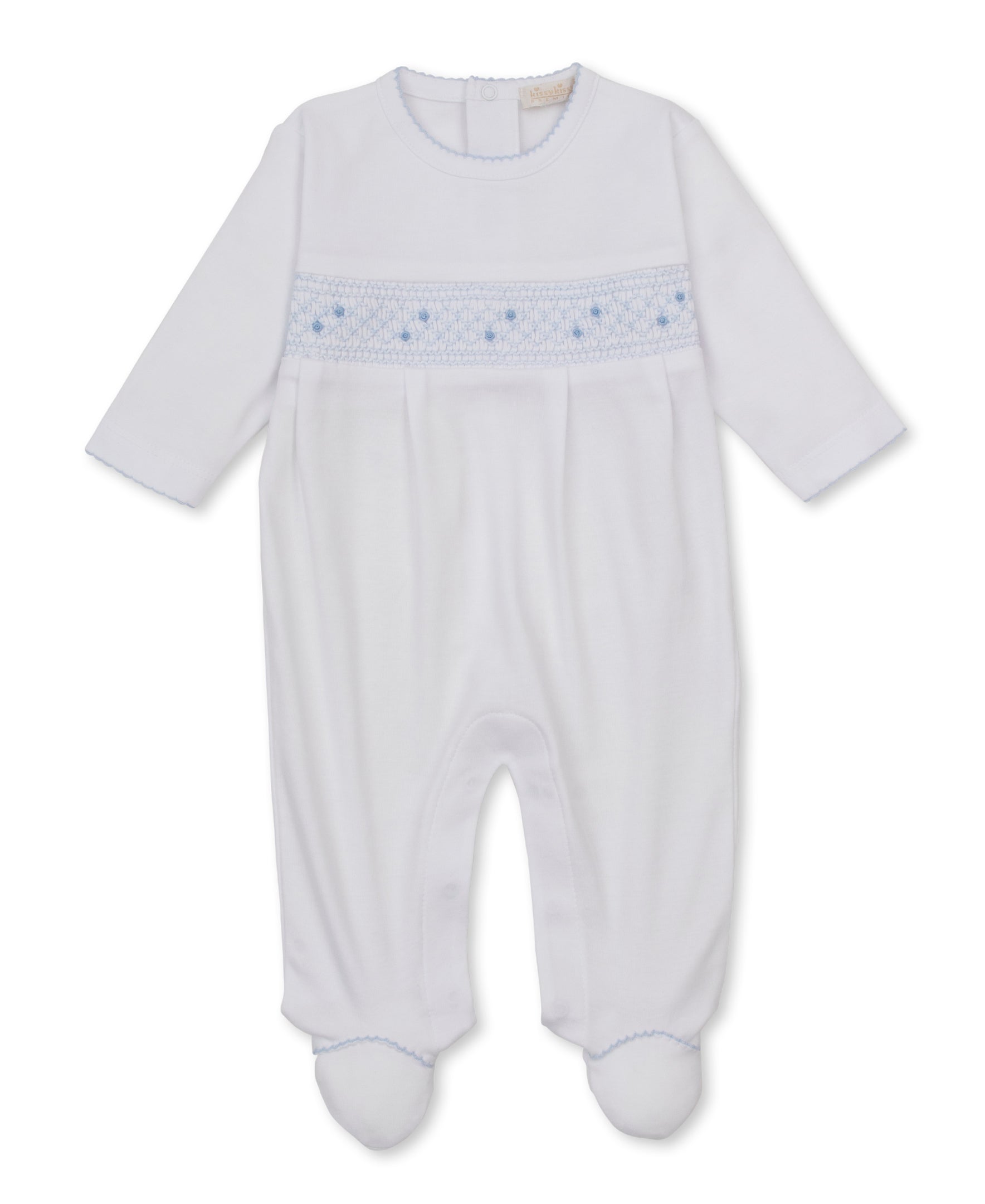 CLB Fall 26 White/Blue Hand Smocked Footie