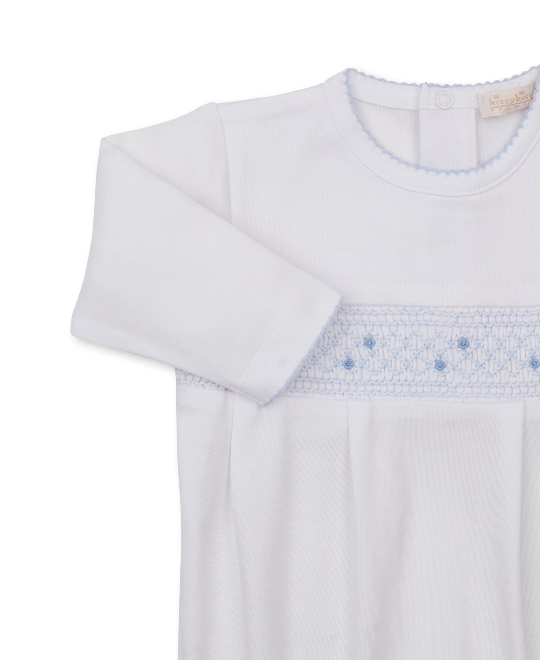 CLB Fall 26 White/Blue Hand Smocked Footie