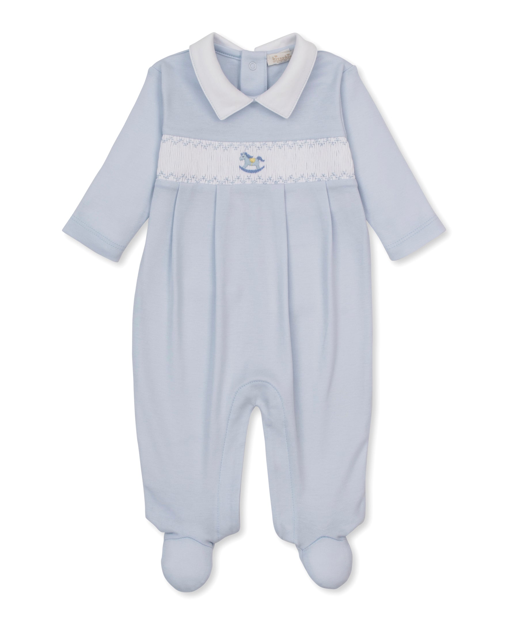 CLB Fall Medley 26 Blue Hand Smocked Footie Collar - Kissy Kissy