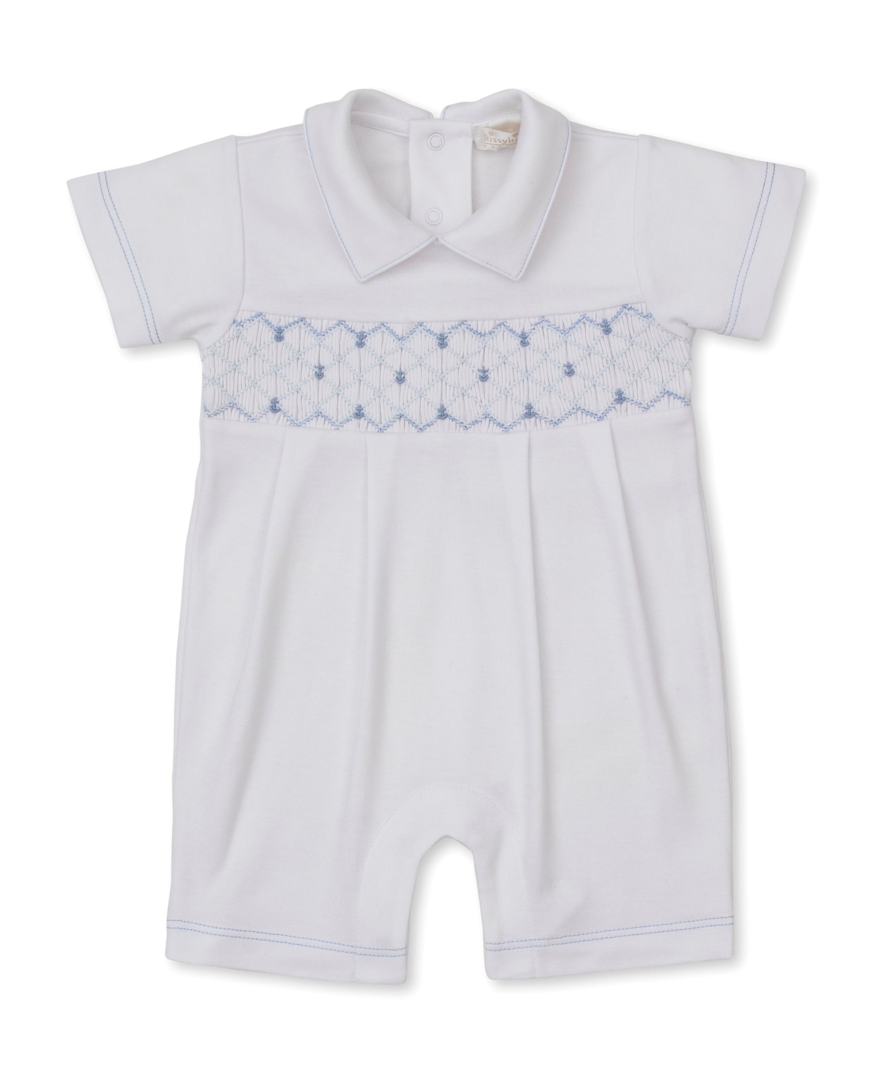 CLB Summer Anchors 26 White/Blue Hand Smocked Playsuit - Kissy Kissy