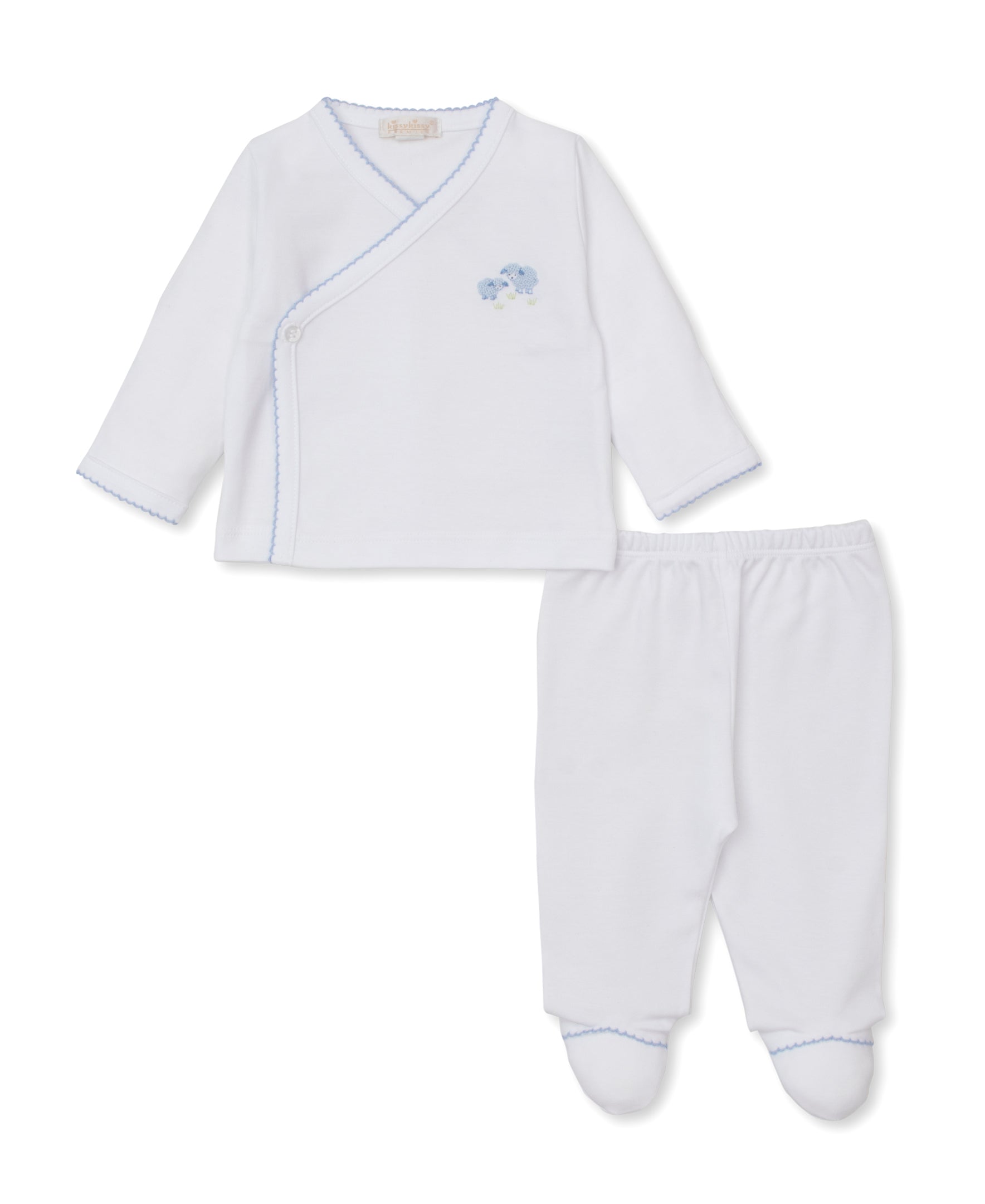 Premier Sweet Sheep White/Blue Hand Emb. Footed Pant Set - Kissy Kissy