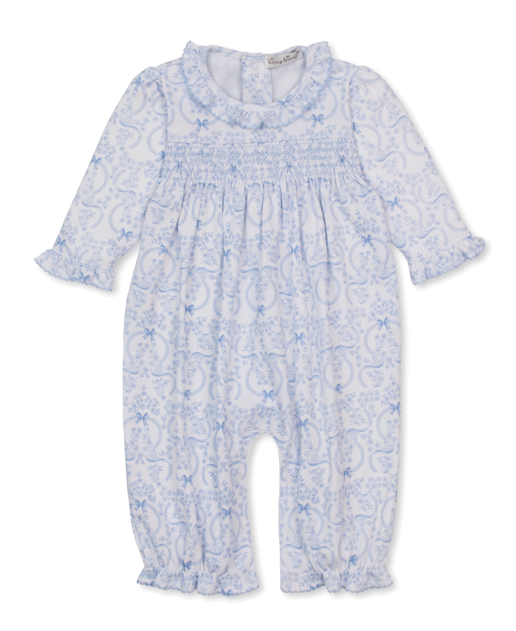 Delicate Blooming Bows Blue Smocked Playsuit - Kissy Kissy