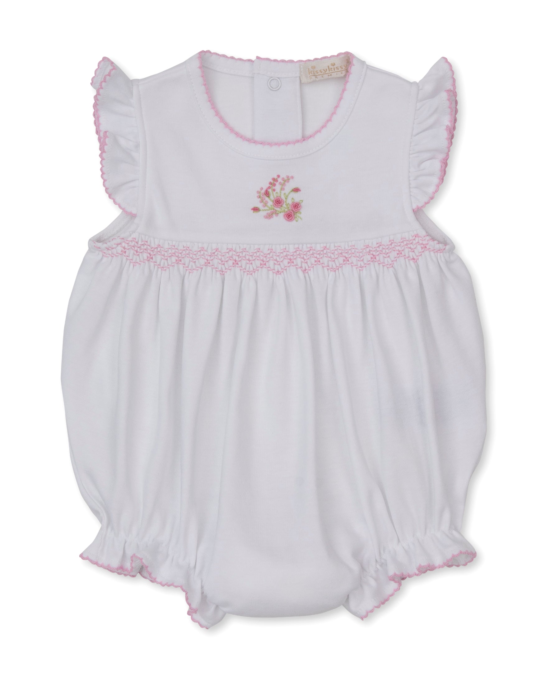 SCE Victorian Roses White/Pink Hand Smocked Bubble - Kissy Kissy