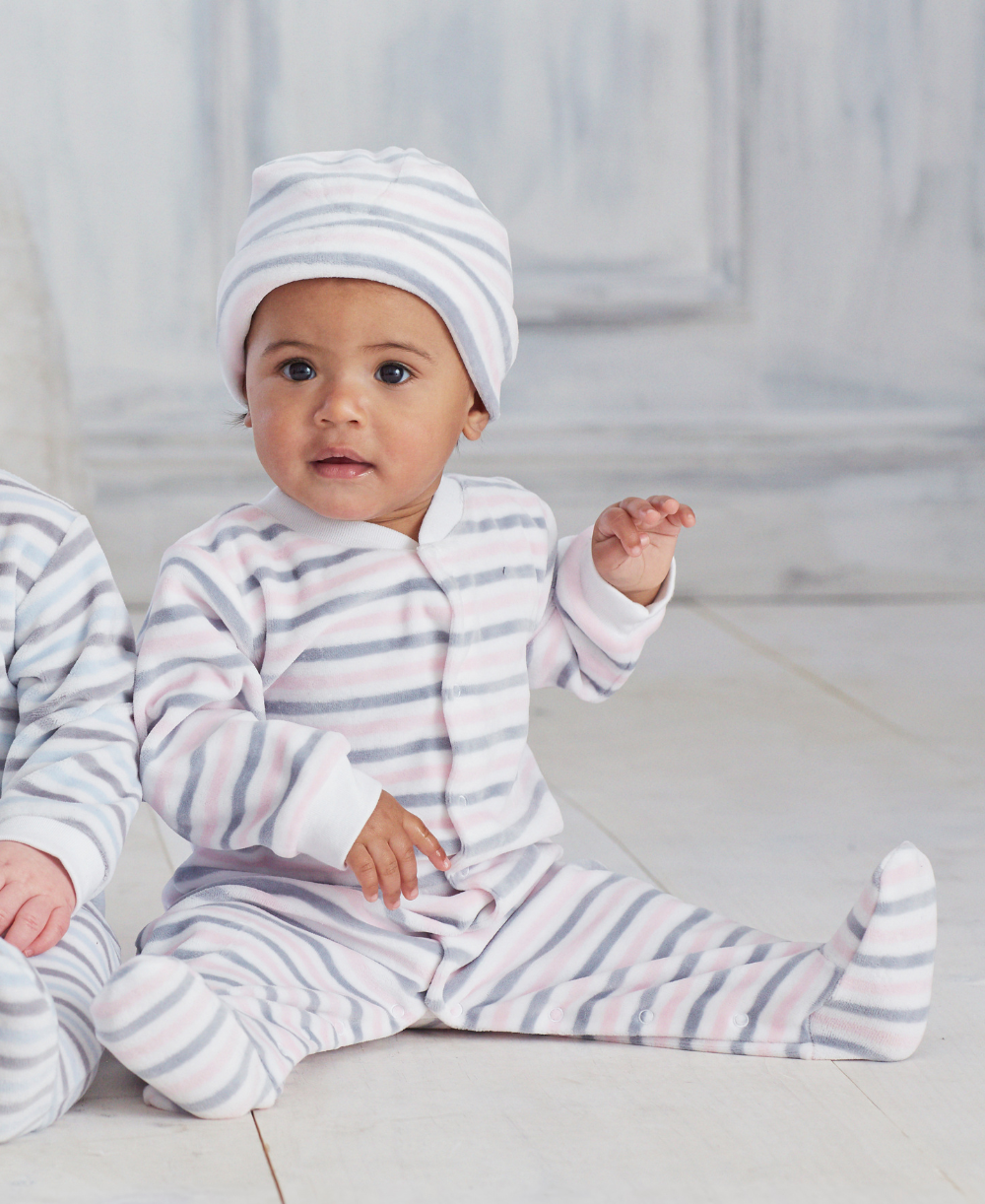 Pink Stripe Velour Footie & Hat Set - Kissy Kissy