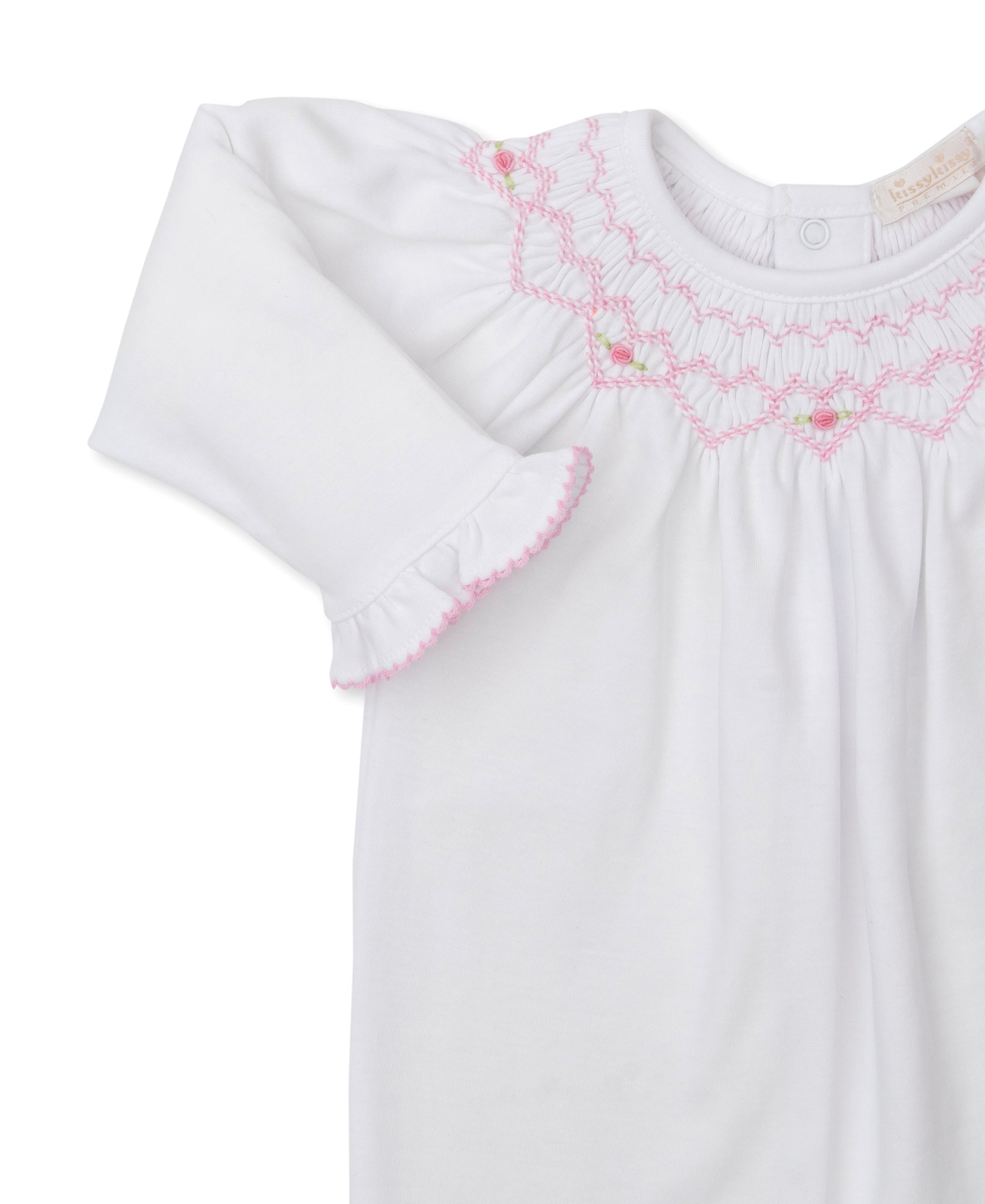 CLB Fall Bishop 25 White/Pink Hand Smocked Footie - Kissy Kissy